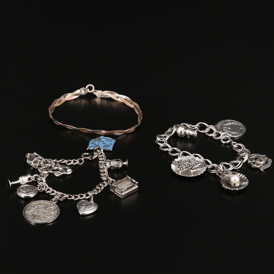 Vintage Sterling Charm Bracelets and Tri-Color Braided Herringbone Bracelet