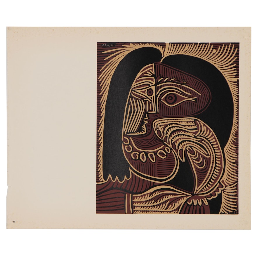 Pablo Picasso Linoleum Cut "Female Head with Necklace", 1962