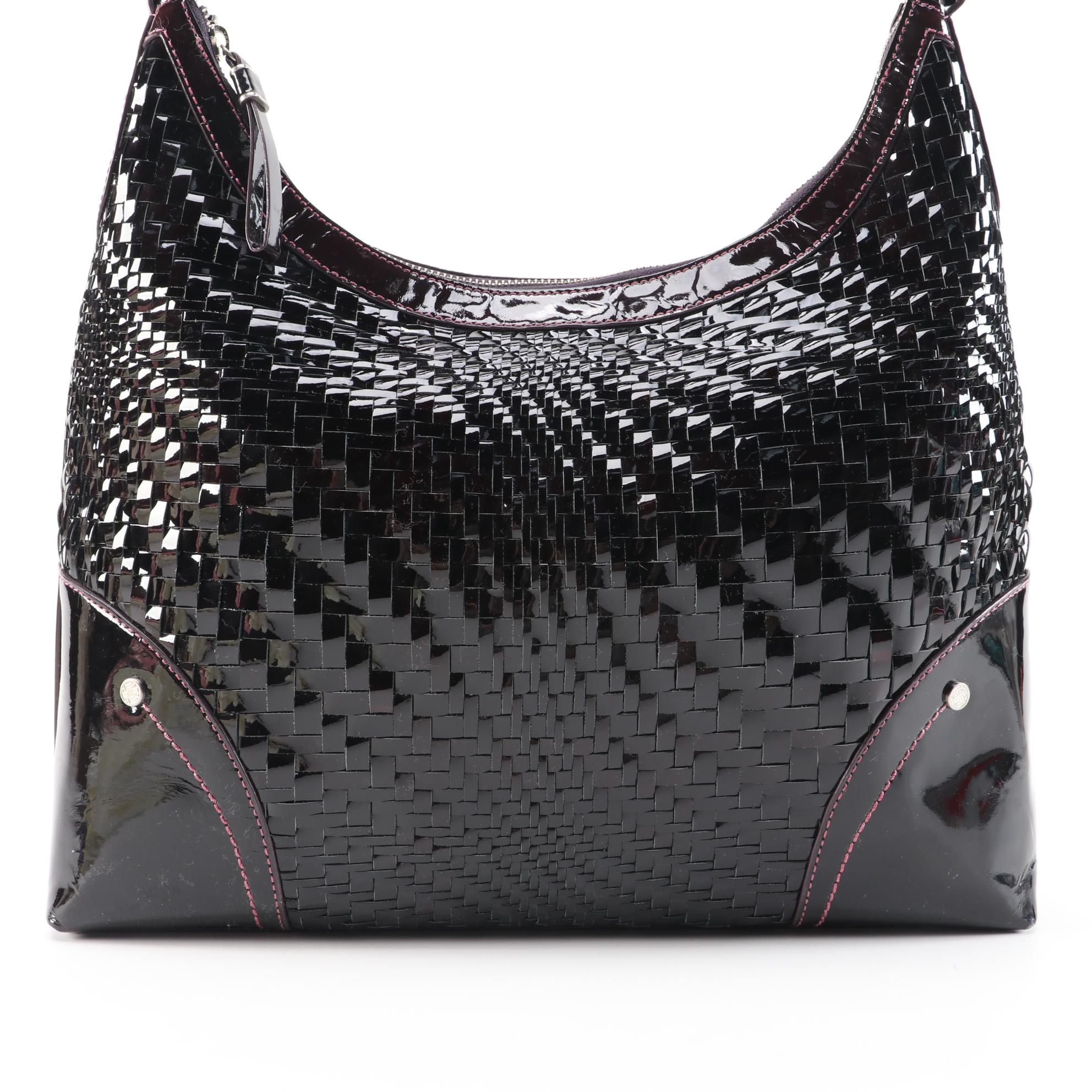 Cole Haan Genevieve Hobo Bag in Burgundy-Black Optic Weave Patent Leather