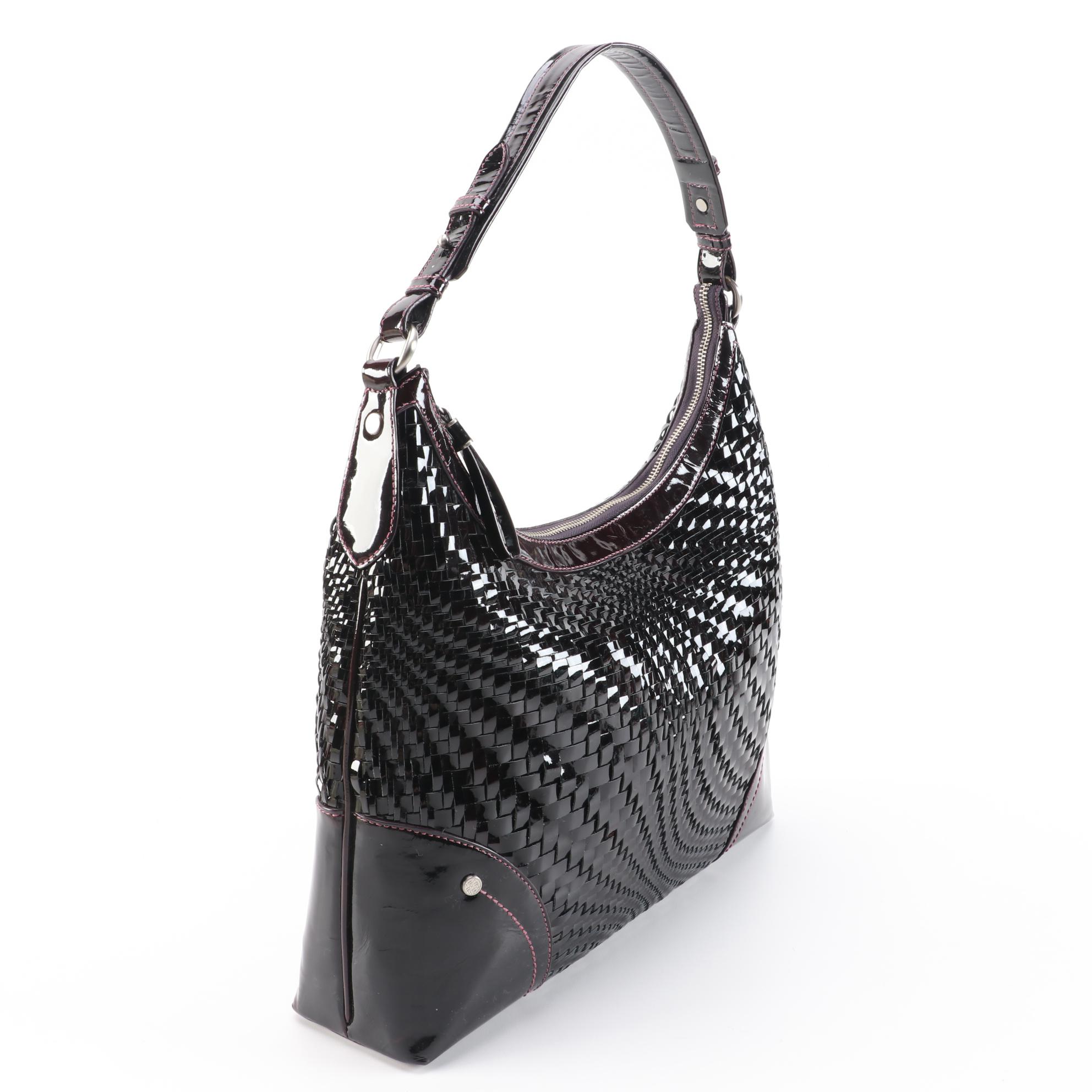 Cole Haan Genevieve Hobo Bag in Burgundy-Black Optic Weave Patent Leather