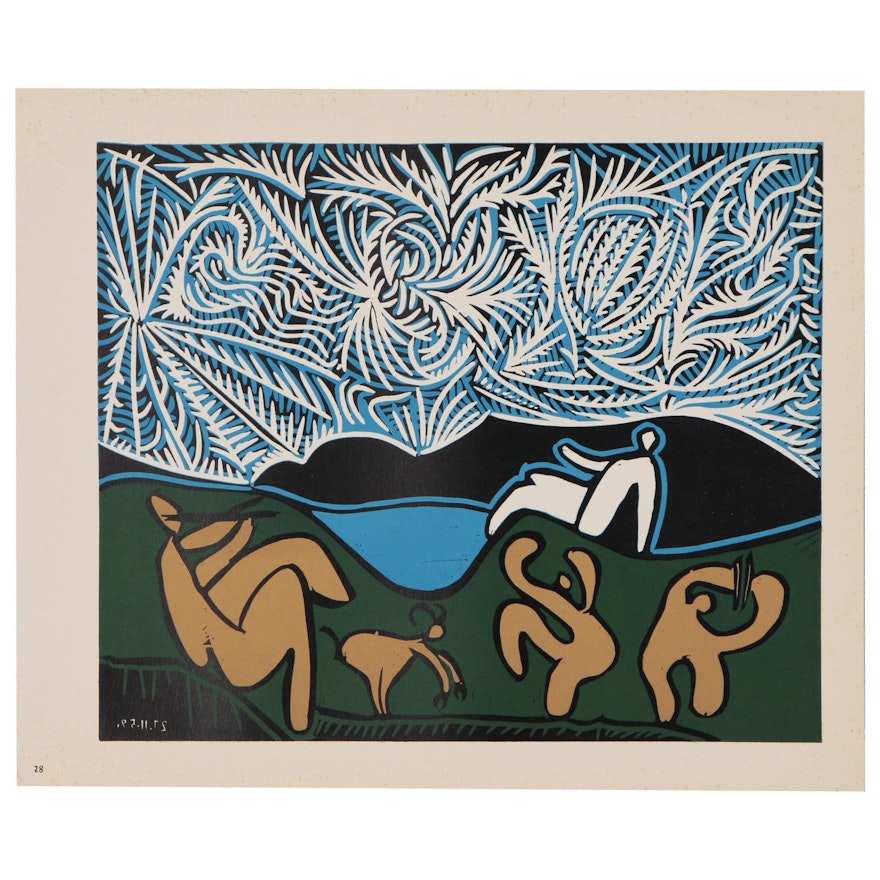 Pablo Picasso Color Linoleum Cut "Bacchanal with Goat", 1962
