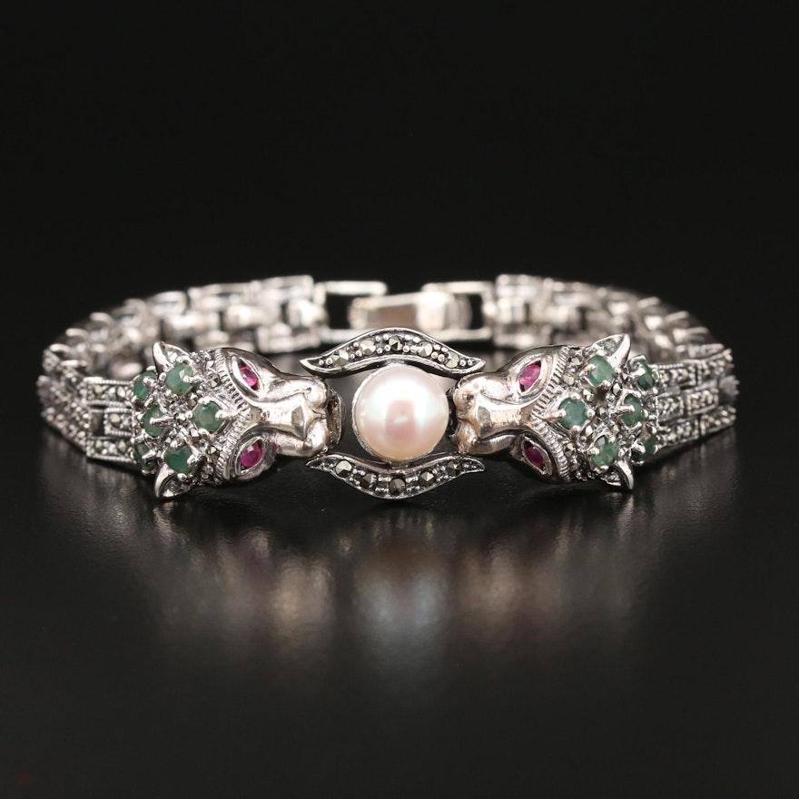 Sterling Silver Pearl, Emerald and Marcasite Double Feline Bracelet