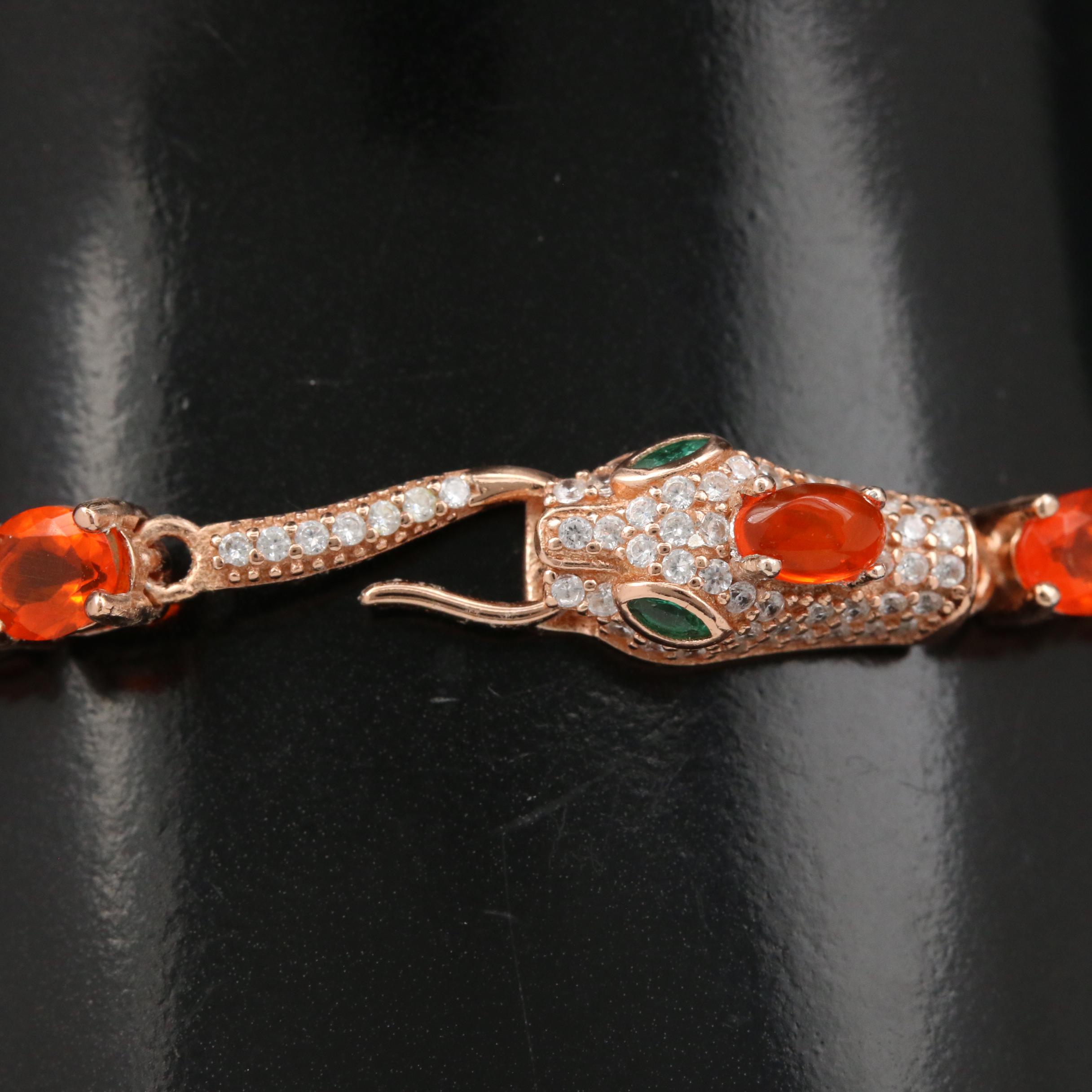 Sterling Silver Fire Opal, Glass and Cubic Zirconia Serpent Bracelet
