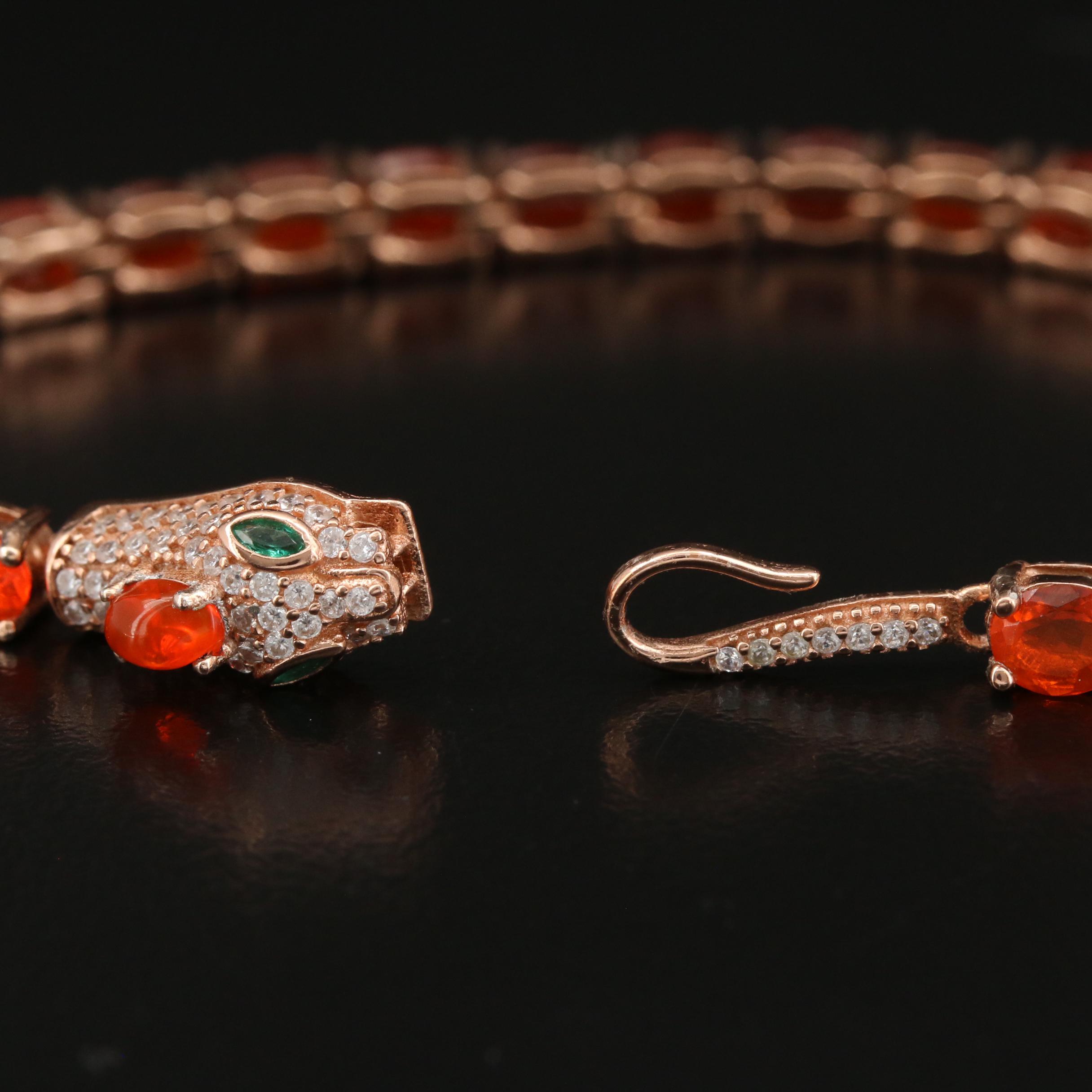 Sterling Silver Fire Opal, Glass and Cubic Zirconia Serpent Bracelet