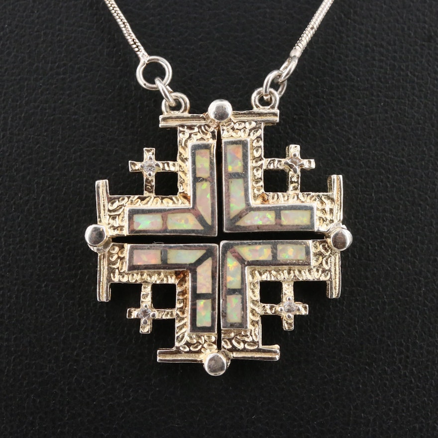 Sterling Silver Cubic Zirconia and Opal Jerusalem Cross Pendant Necklace