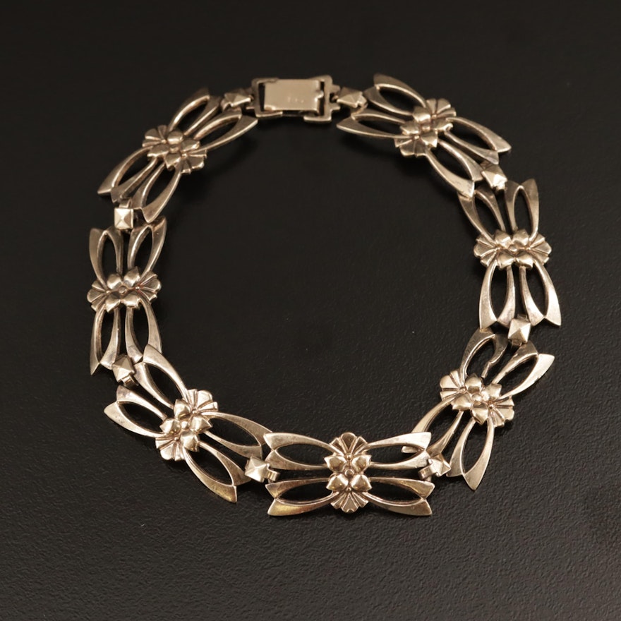 1930s Symmetalic Sterling Floral Bracelet with 14K Gold Accents