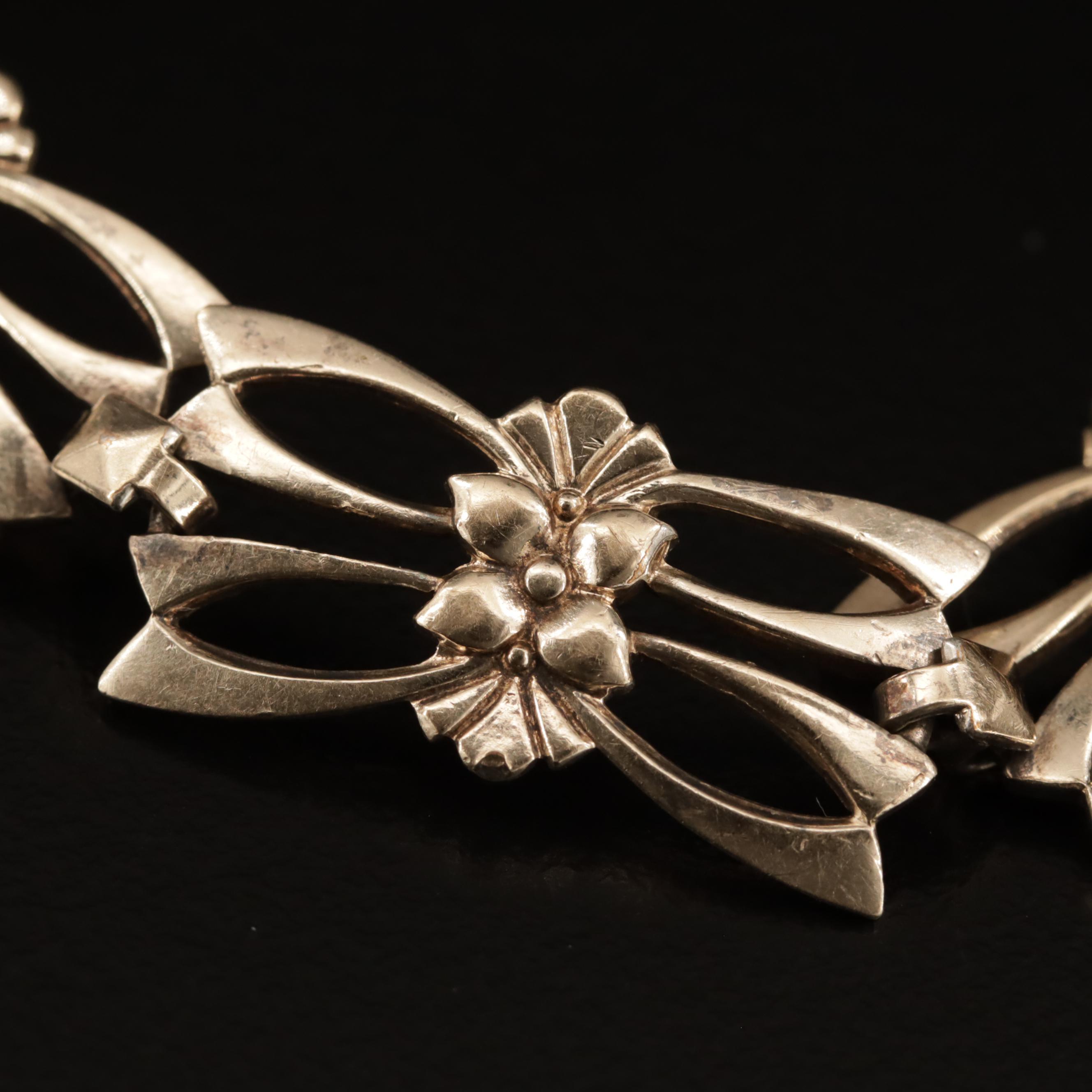 1930s Symmetalic Sterling Floral Bracelet with 14K Gold Accents