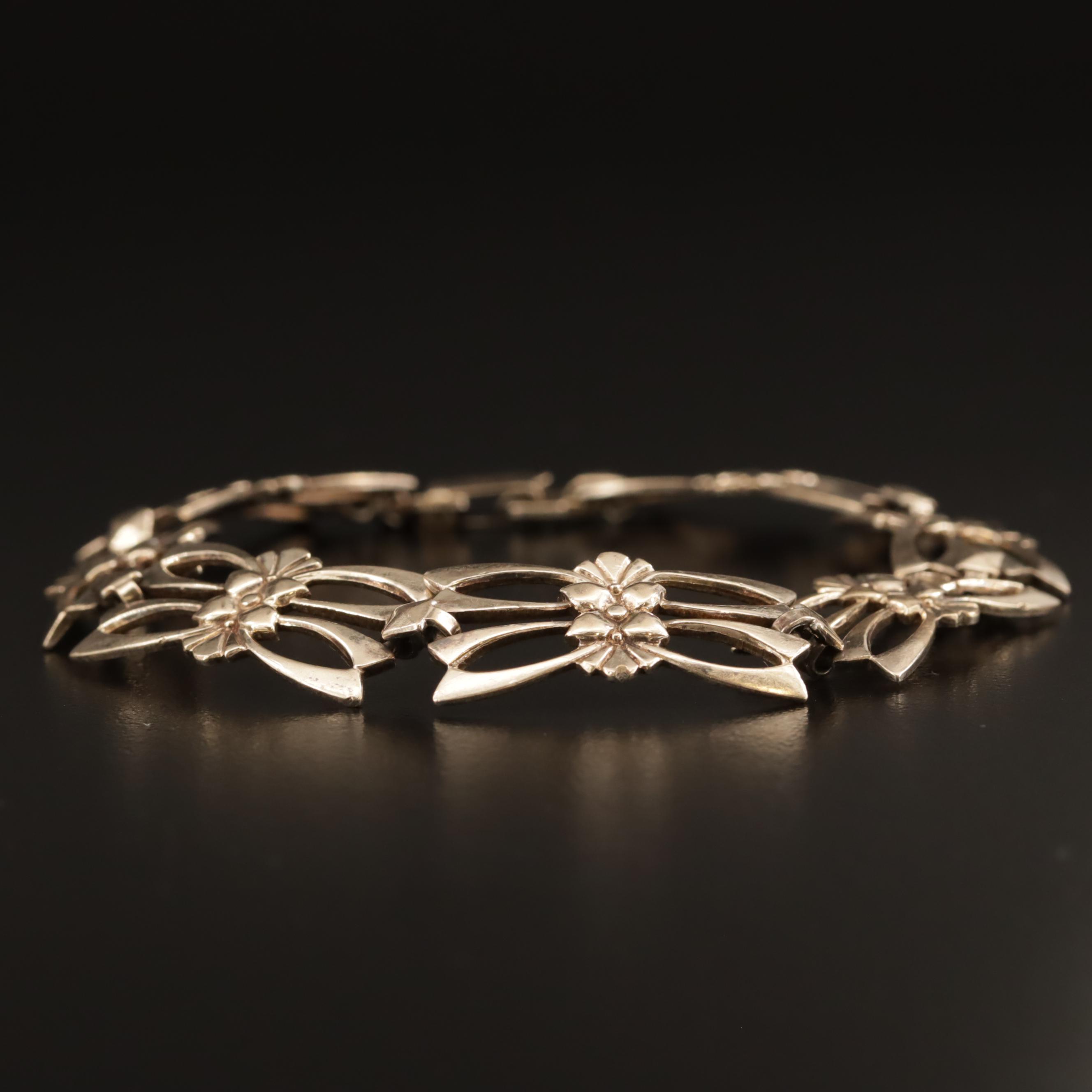 1930s Symmetalic Sterling Floral Bracelet with 14K Gold Accents