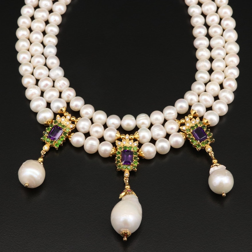 Triple Strand Graduated Pearl Necklace with Amethyst and Diopside Accents