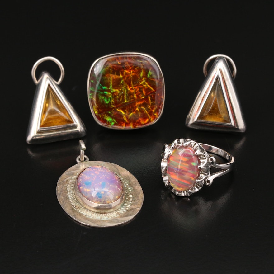 Sterling Silver Rings, Earrings, and Pendant Featuring Dichroic Glass Accents