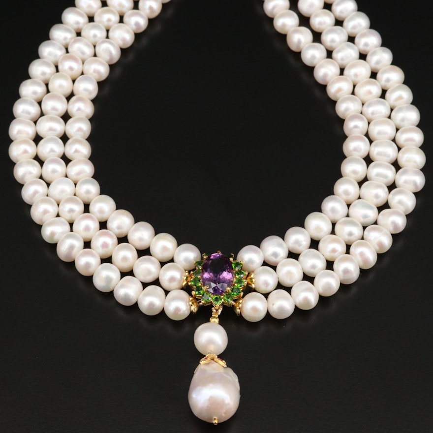 Triple Strand Pearl Necklace with Sterling Clasp and Mixed Gemstone Drop