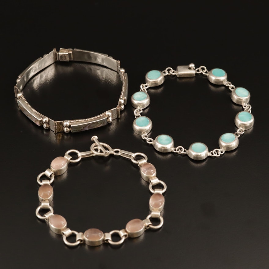 Sterling Silver Abalone, Glass, and Quartz Bracelets
