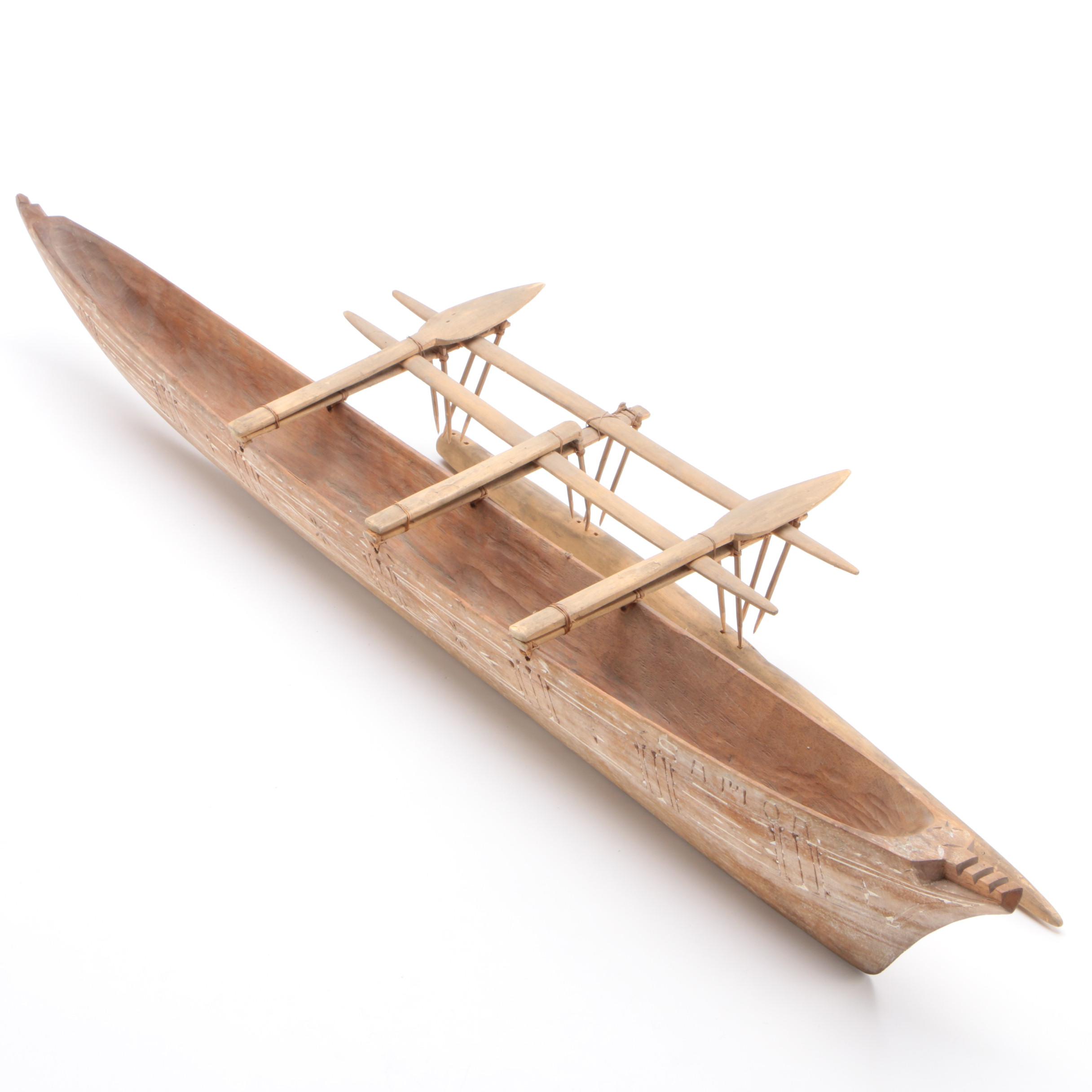 Handcrafted Wooden Model of Polynesian Fishing Canoe, Early to Mid 20th