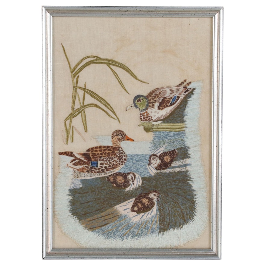 Hand-Stitched Cotton Embroidery of Mallard Ducks, Early 20th Century