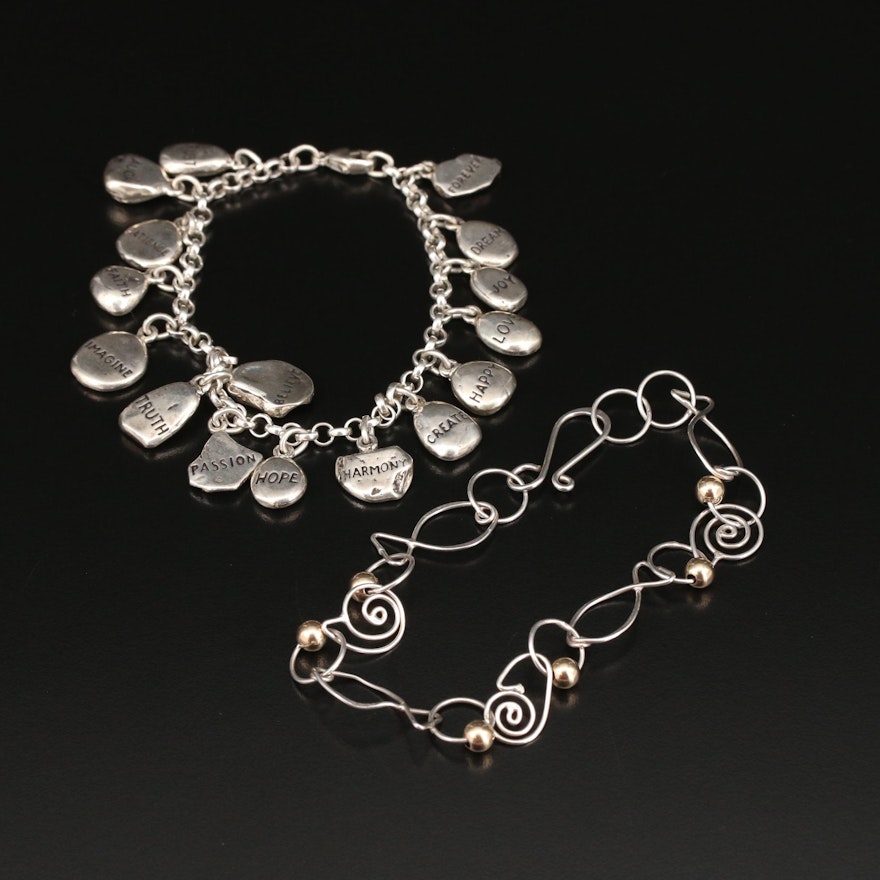 Sterling Silver Affirmation Charm Bracelet and Fancy Link Bracelet