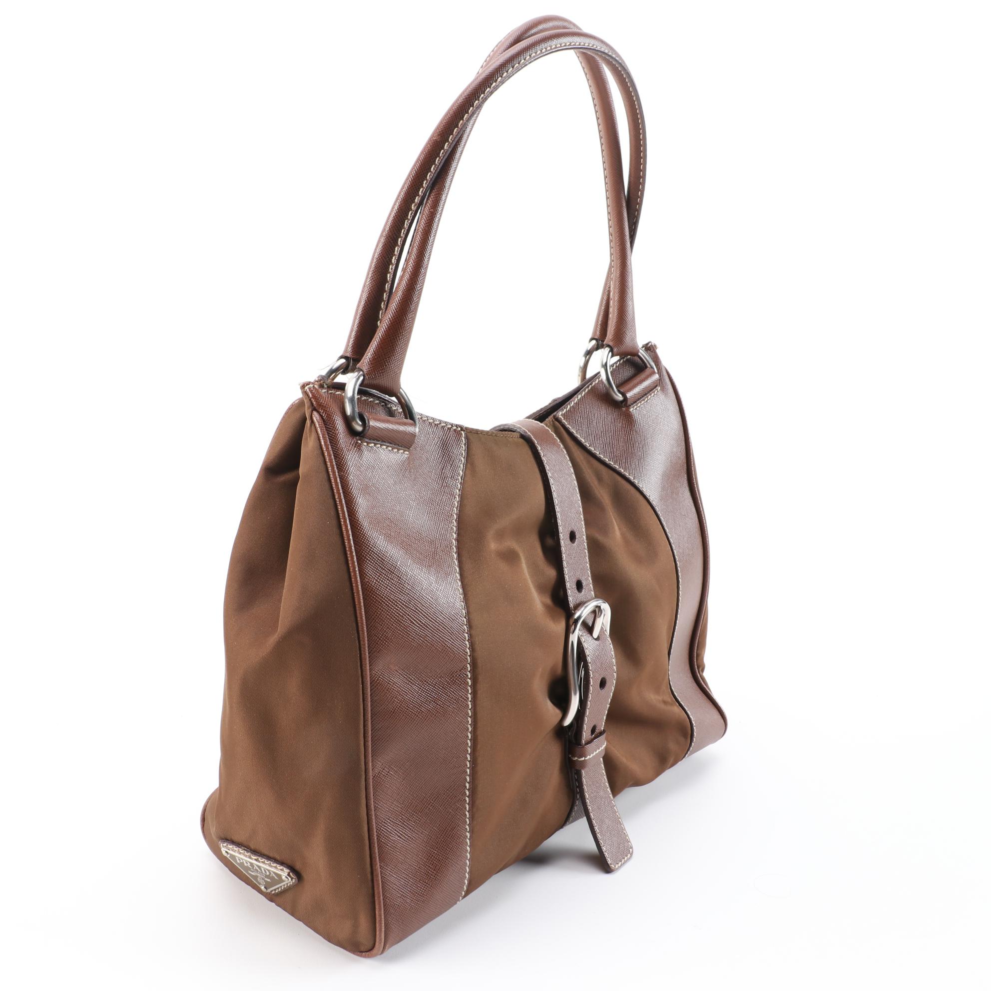 Prada Brown Nylon and Saffiano Leather Shoulder Bag with Contrast Stitching