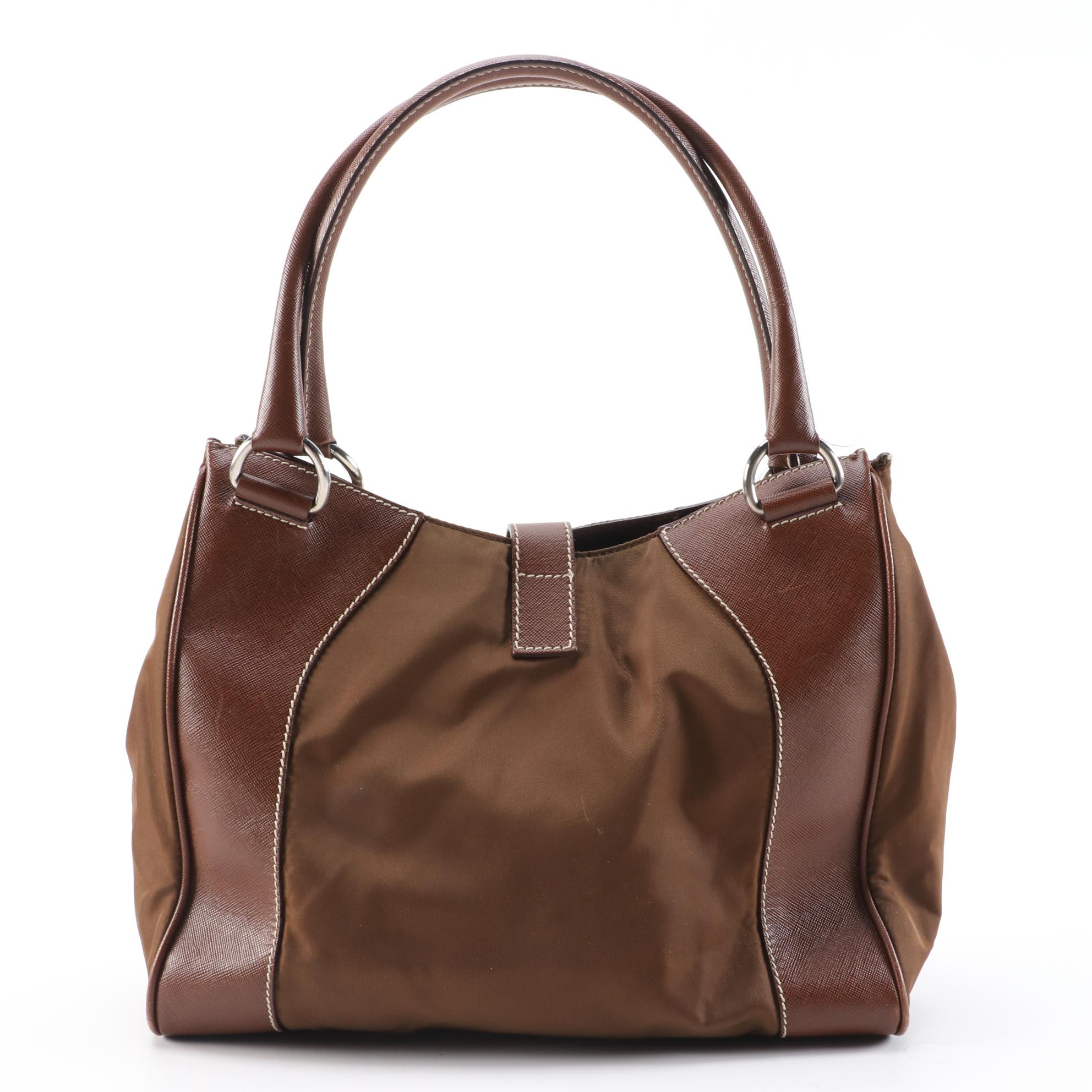 Prada Brown Nylon and Saffiano Leather Shoulder Bag with Contrast Stitching