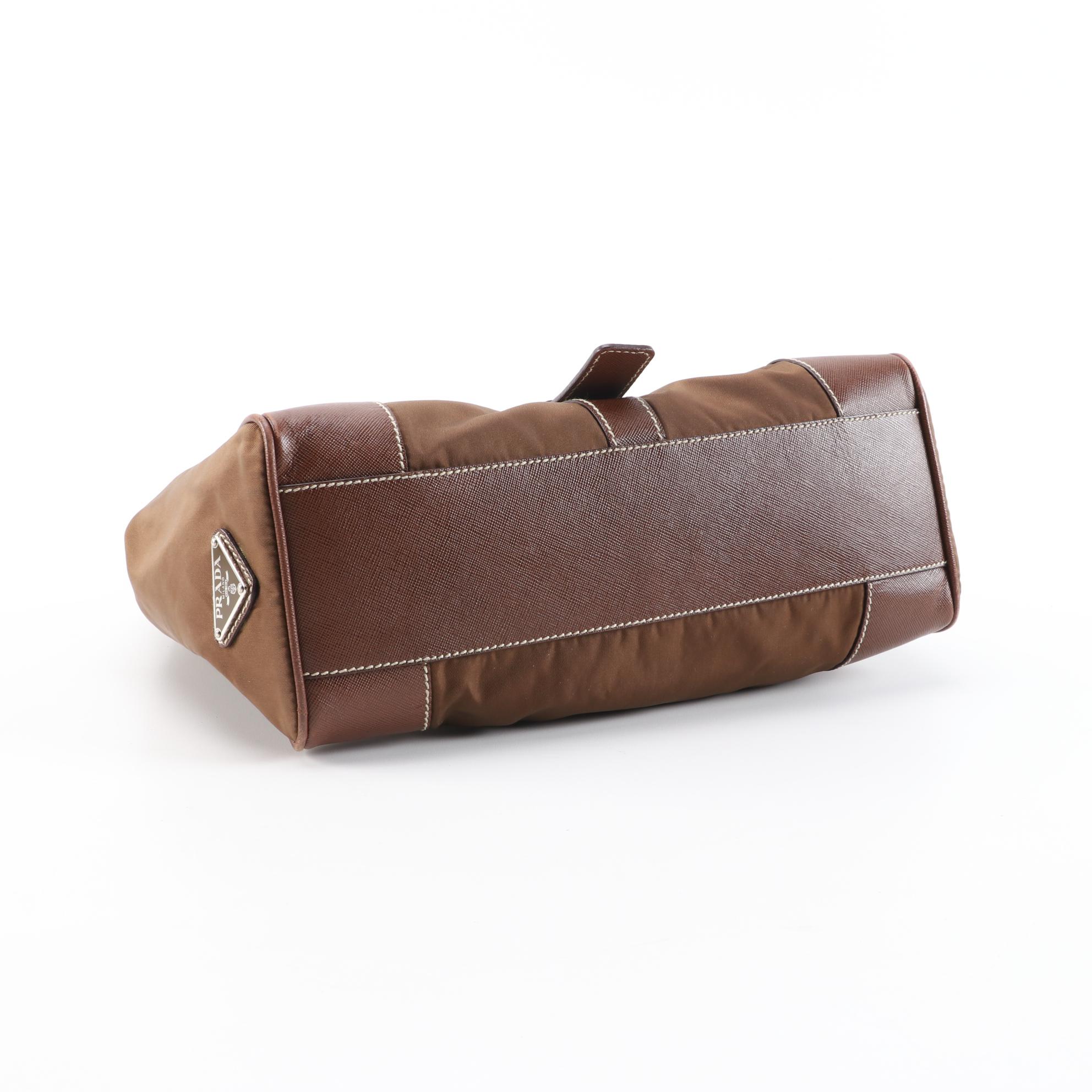 Prada Brown Nylon and Saffiano Leather Shoulder Bag with Contrast Stitching