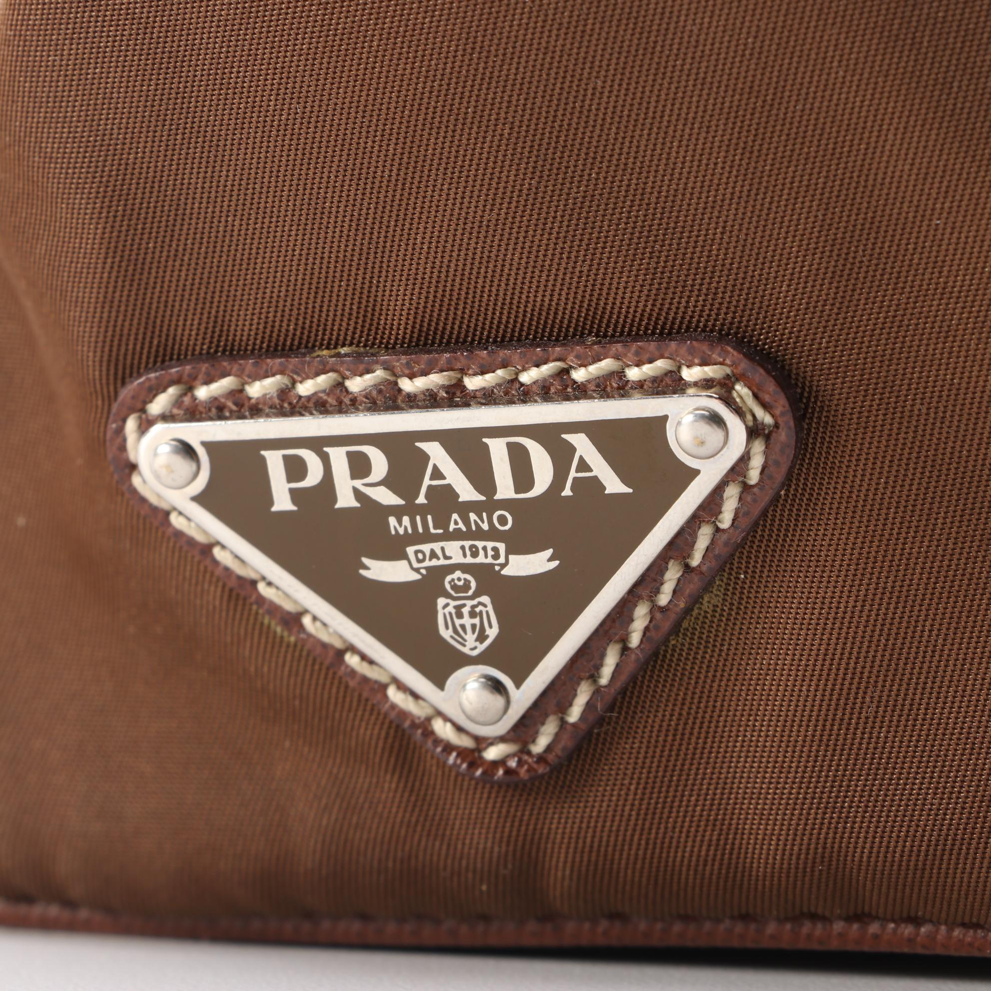 Prada Brown Nylon and Saffiano Leather Shoulder Bag with Contrast Stitching