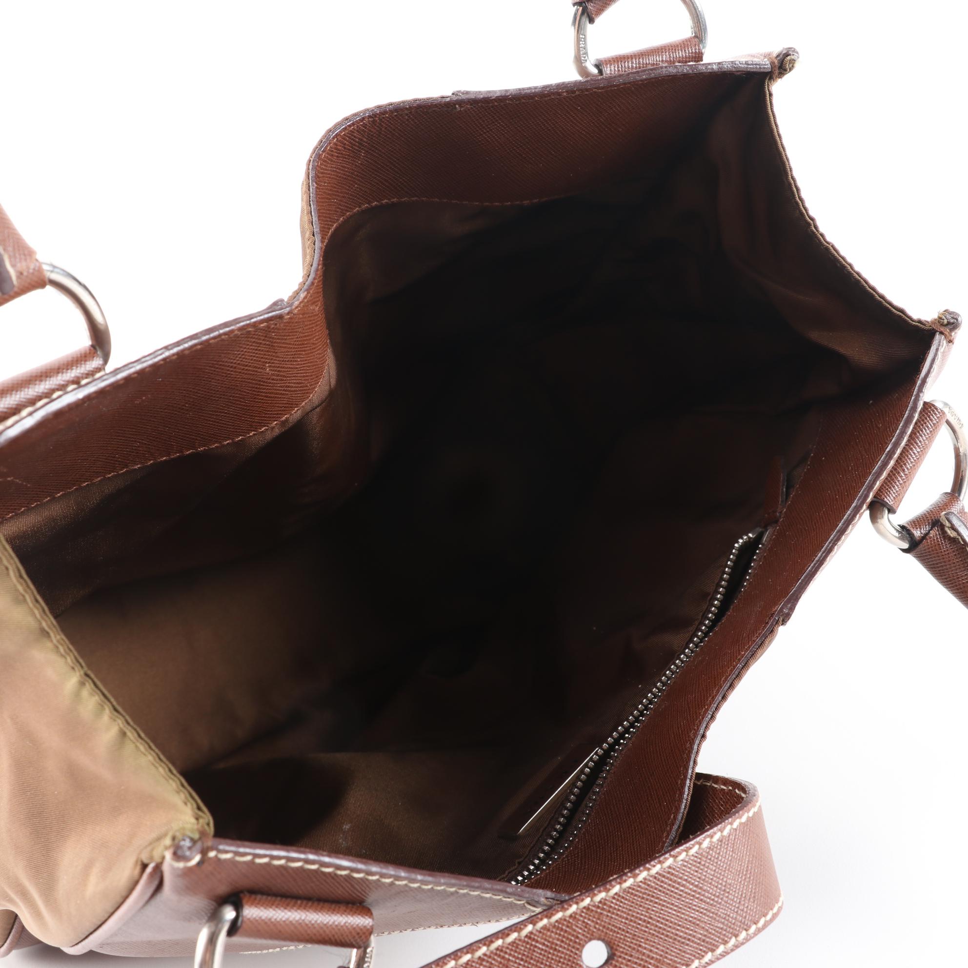 Prada Brown Nylon and Saffiano Leather Shoulder Bag with Contrast Stitching