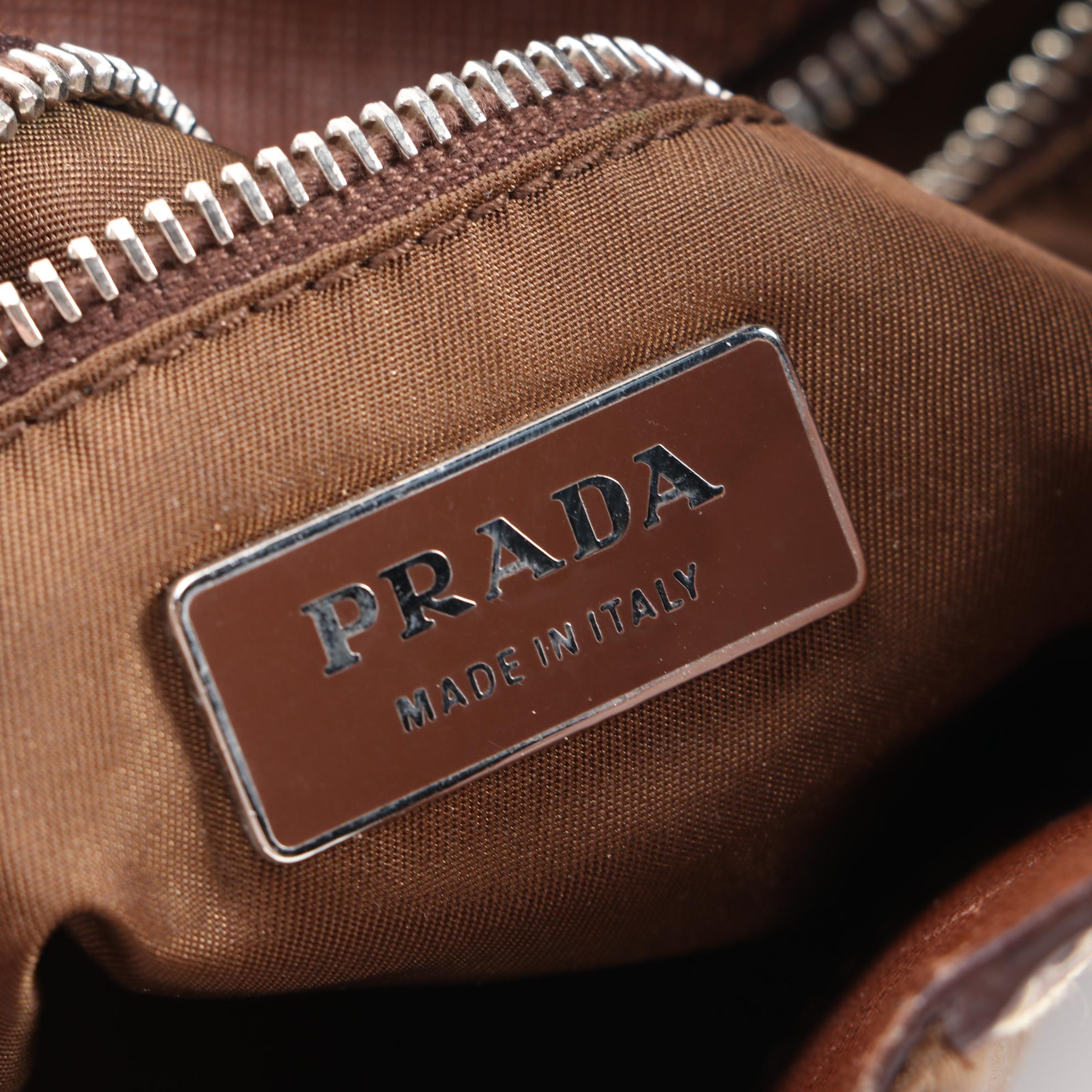 Prada Brown Nylon and Saffiano Leather Shoulder Bag with Contrast Stitching