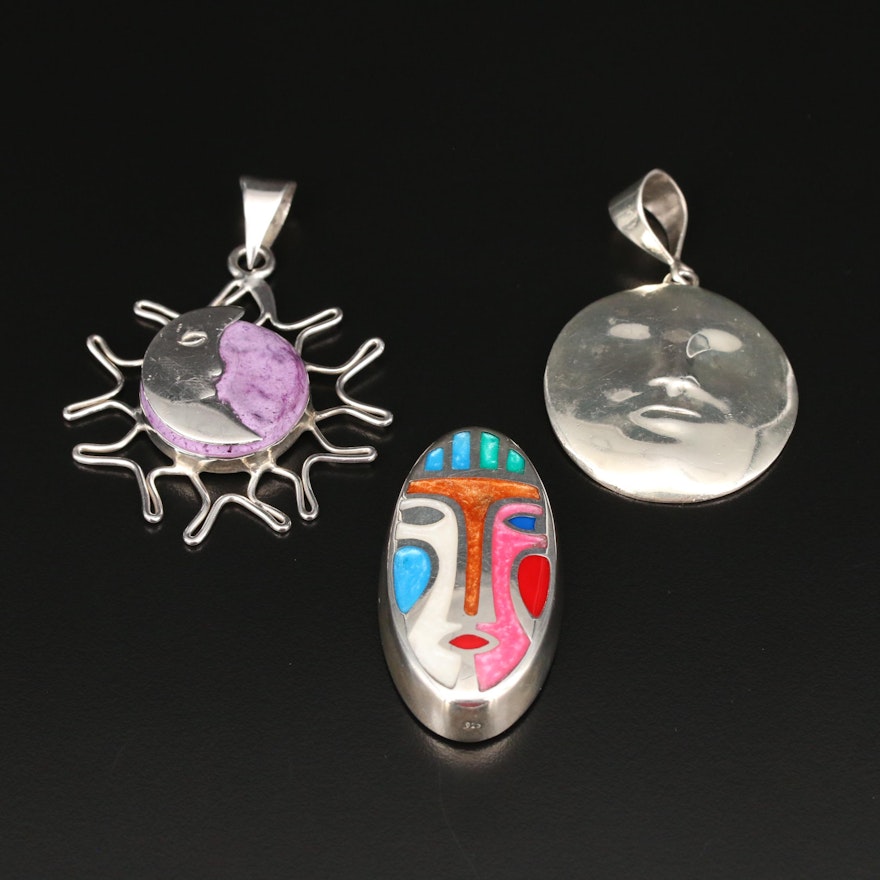 Sterling Silver Face Pendants Including Sun and Moon Design
