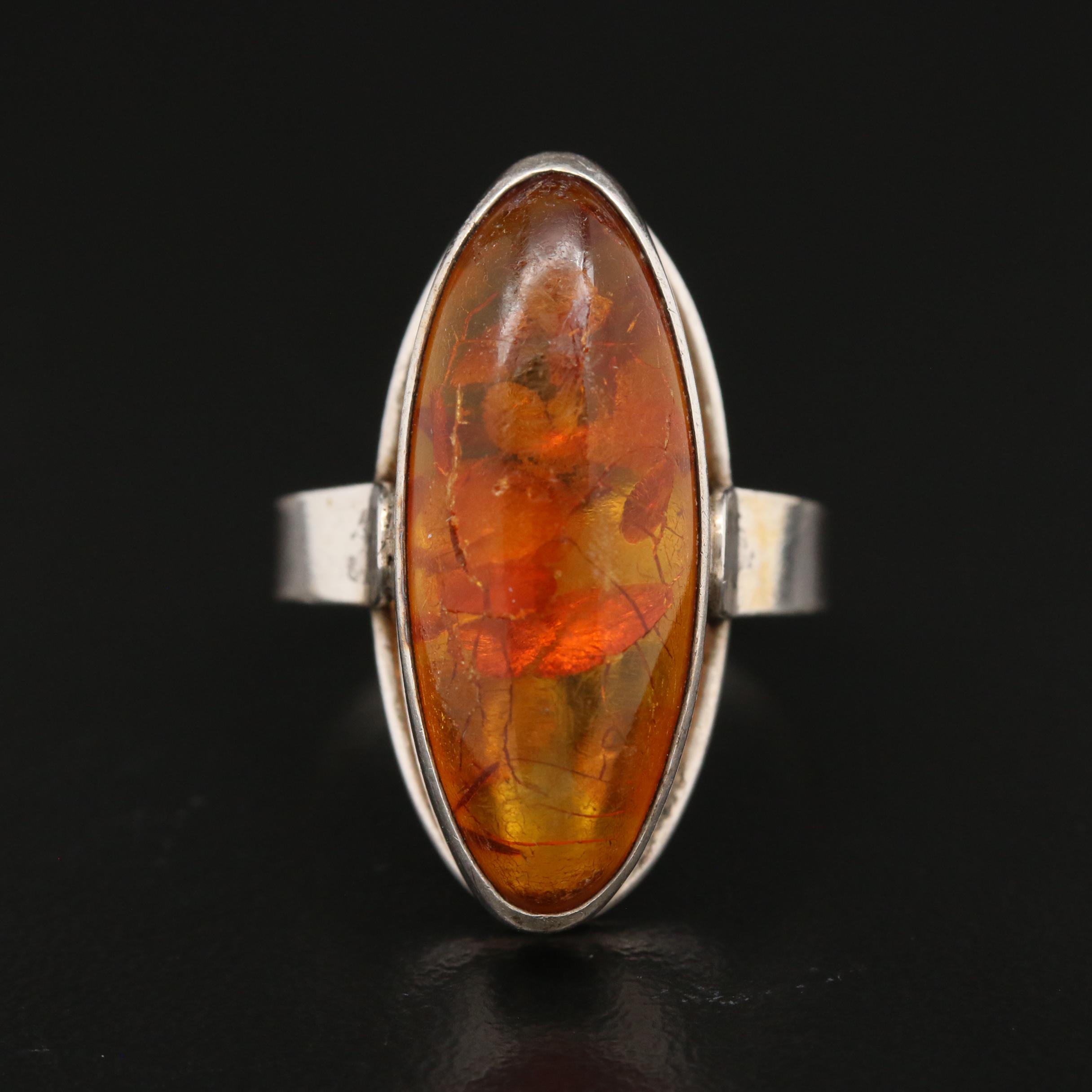 Vintage Danish Modernist Einer Fehrn 830 Silver Amber Ring