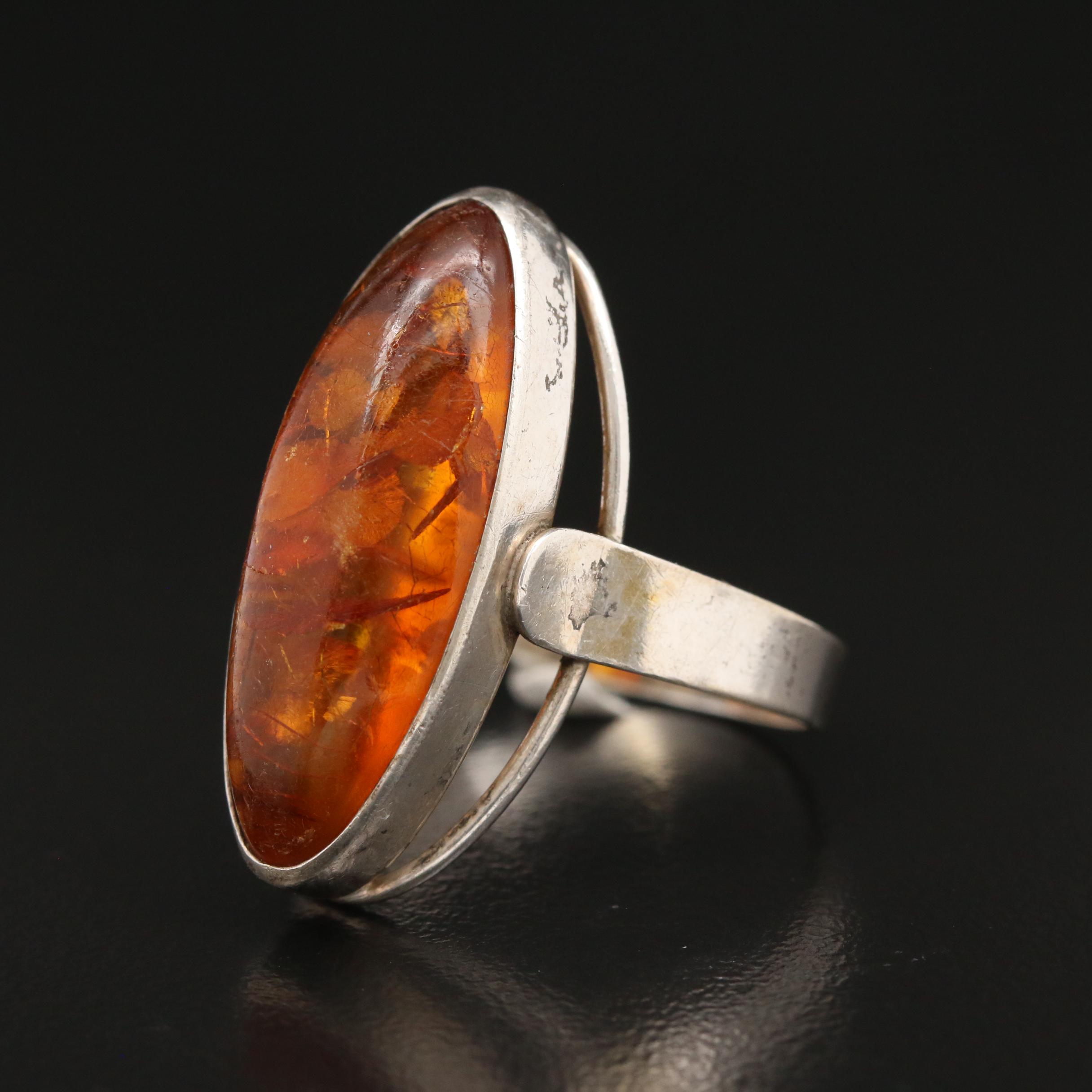 Vintage Danish Modernist Einer Fehrn 830 Silver Amber Ring