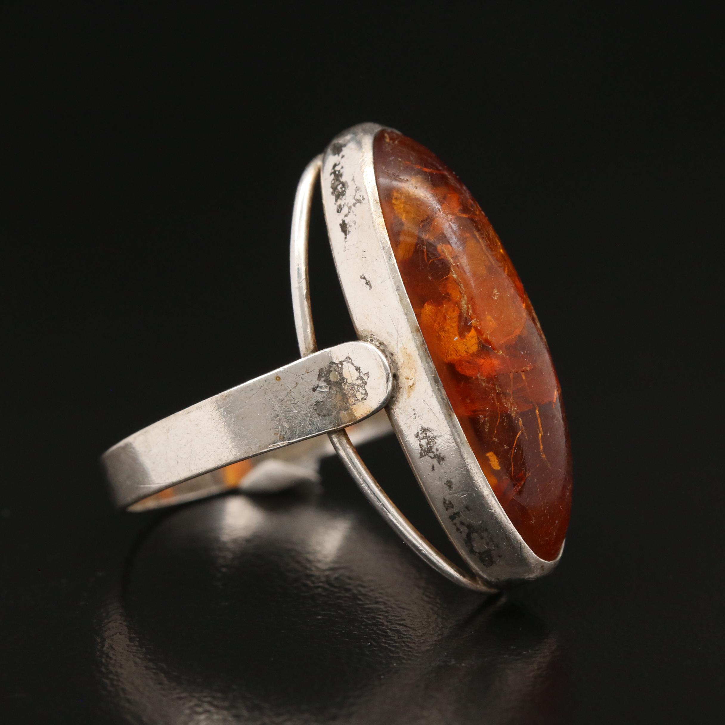 Vintage Danish Modernist Einer Fehrn 830 Silver Amber Ring