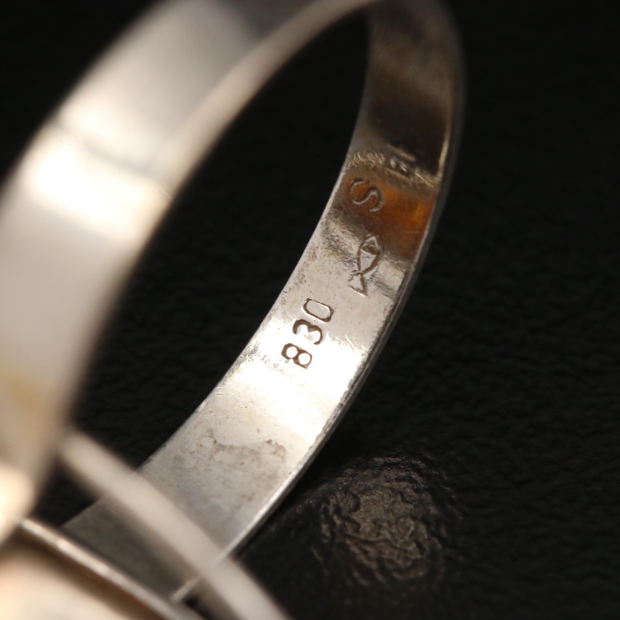 Vintage Danish Modernist Einer Fehrn 830 Silver Amber Ring