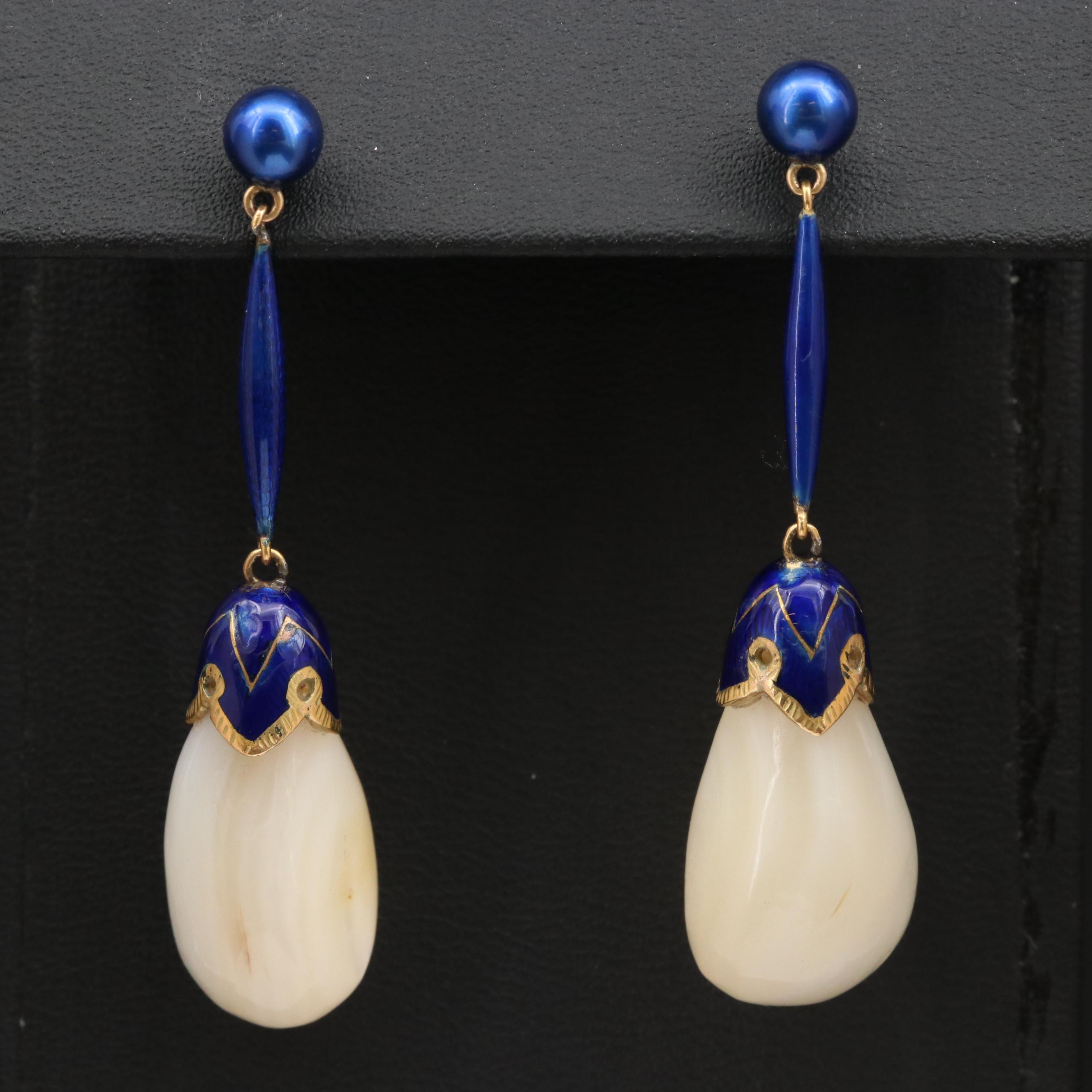 Vintage 18K Mother of Pearl and Enamel Drop Earrings