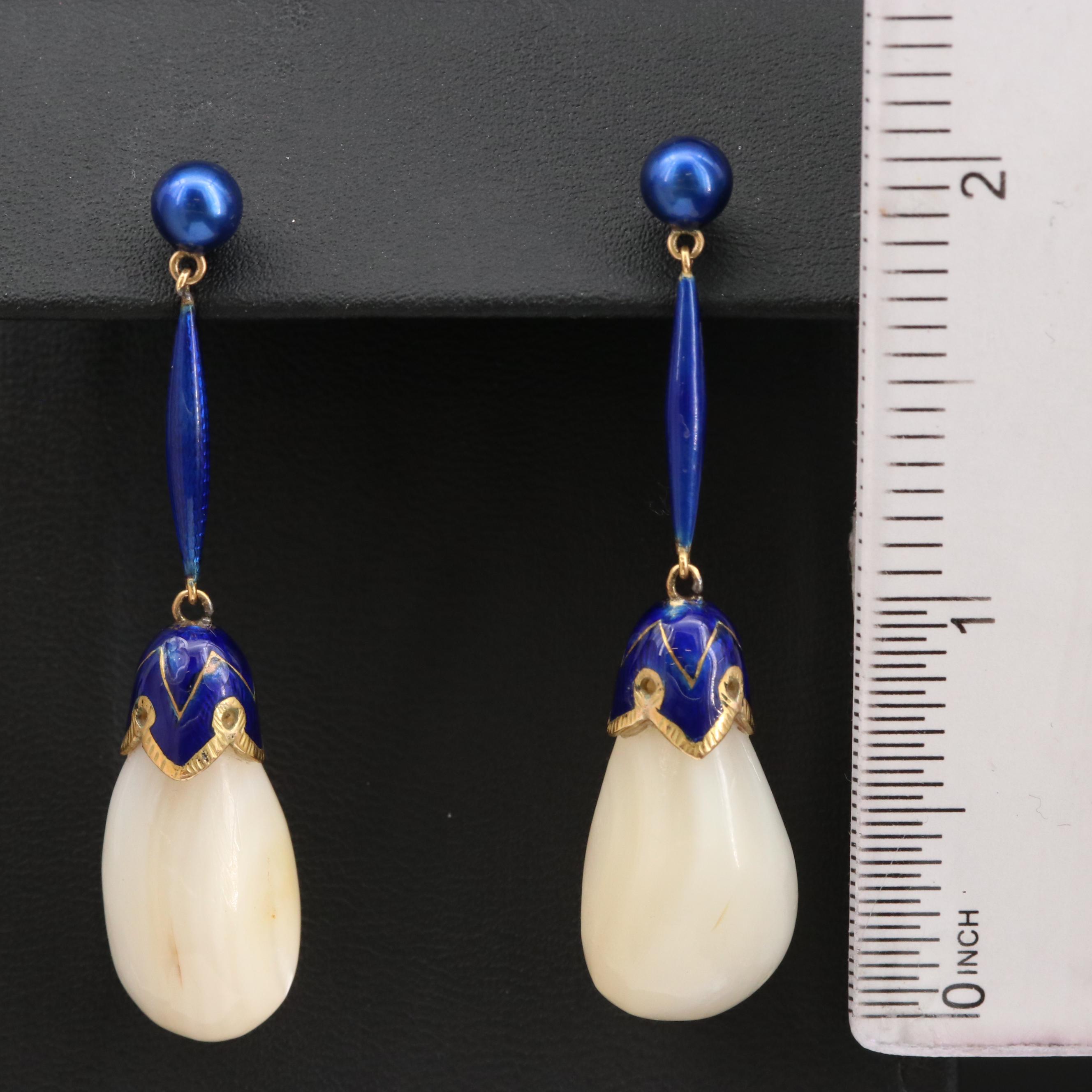 Vintage 18K Mother of Pearl and Enamel Drop Earrings