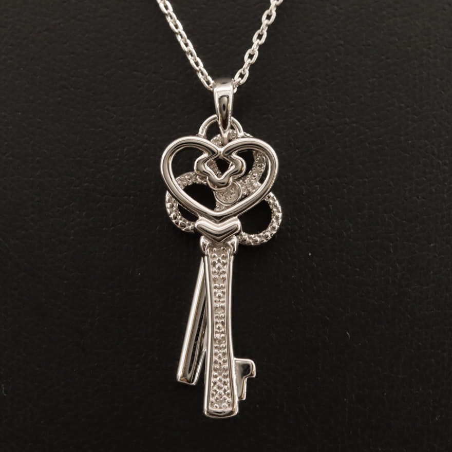 Sterling Silver Diamond Double Key Pendant Necklace