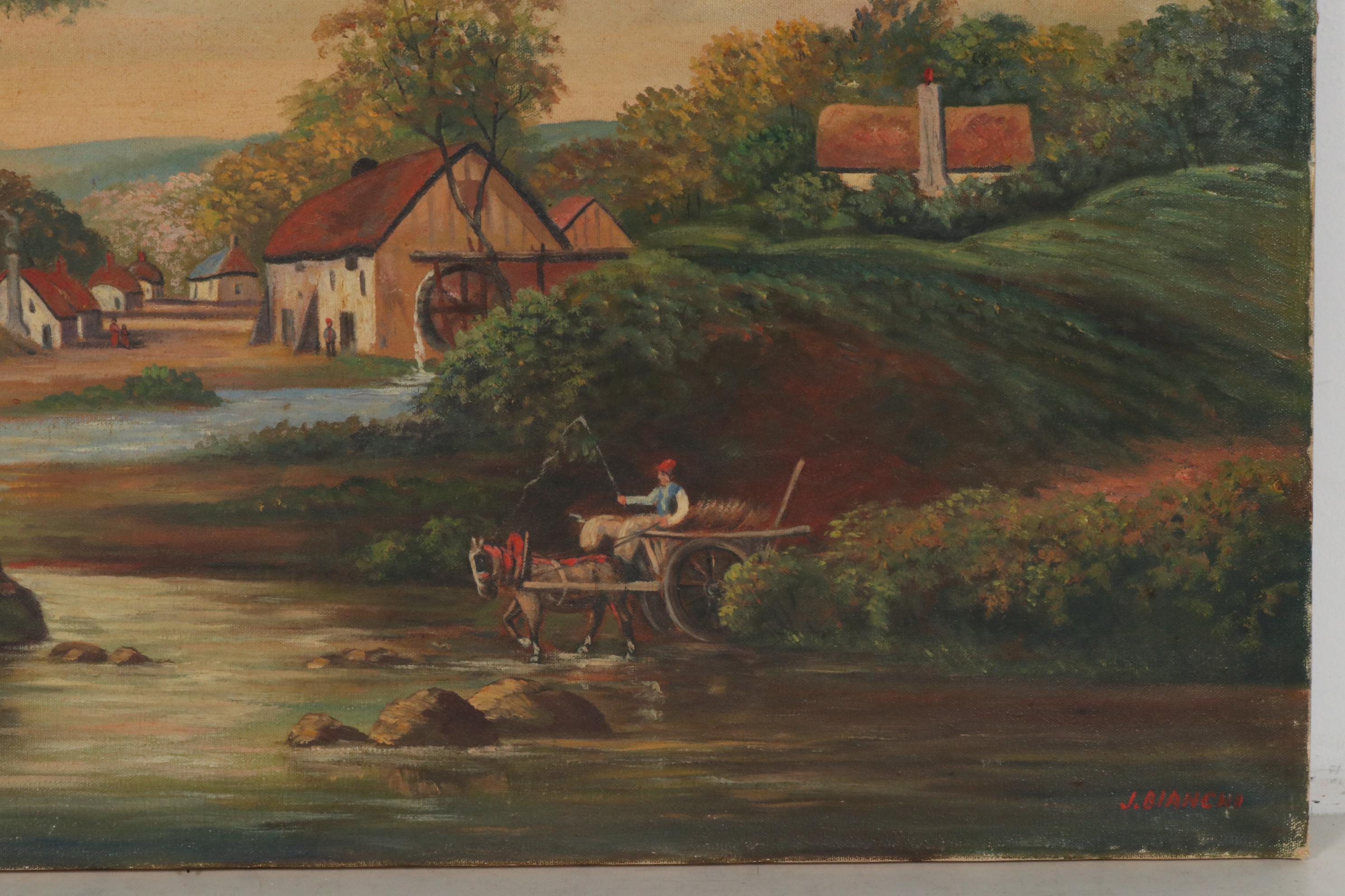 John Bianchi Oil Painting "English Village", Early 20th Century