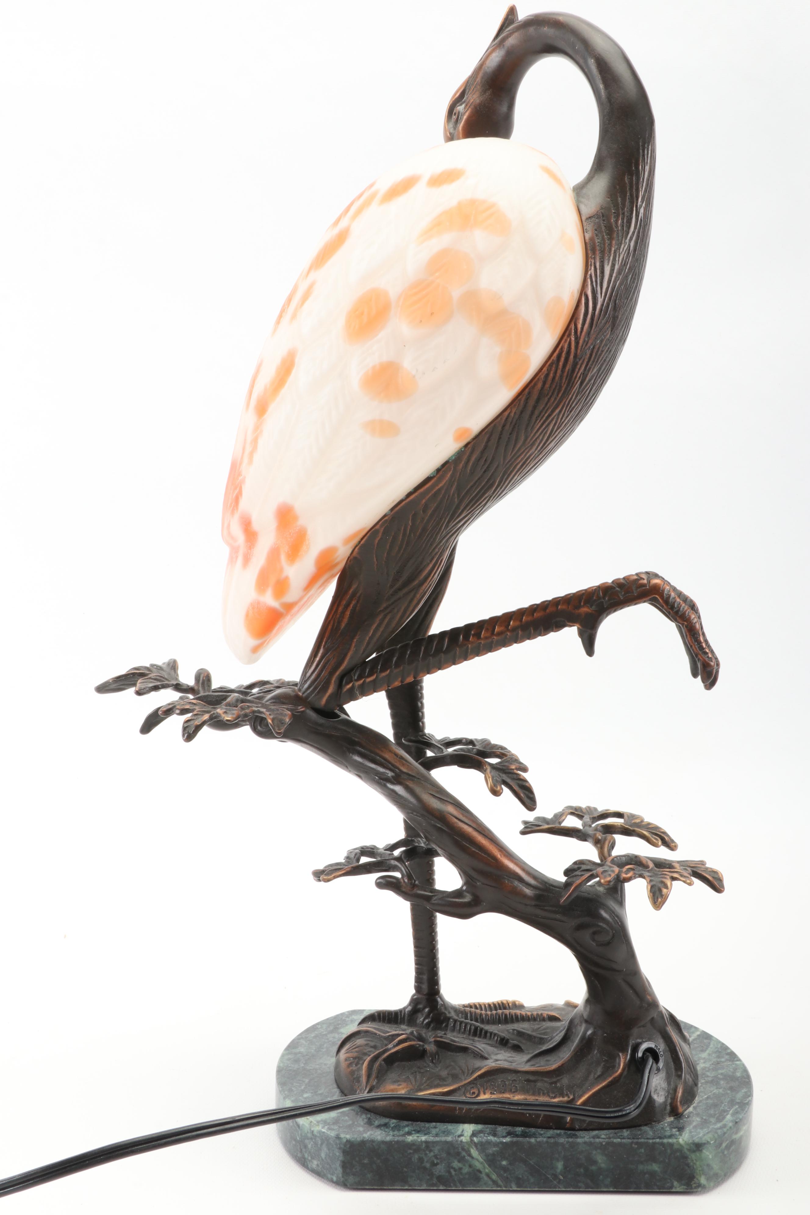 Andrea by Sadek Tin Chi 1996 Cast Brass and Art Glass Heron Lamp