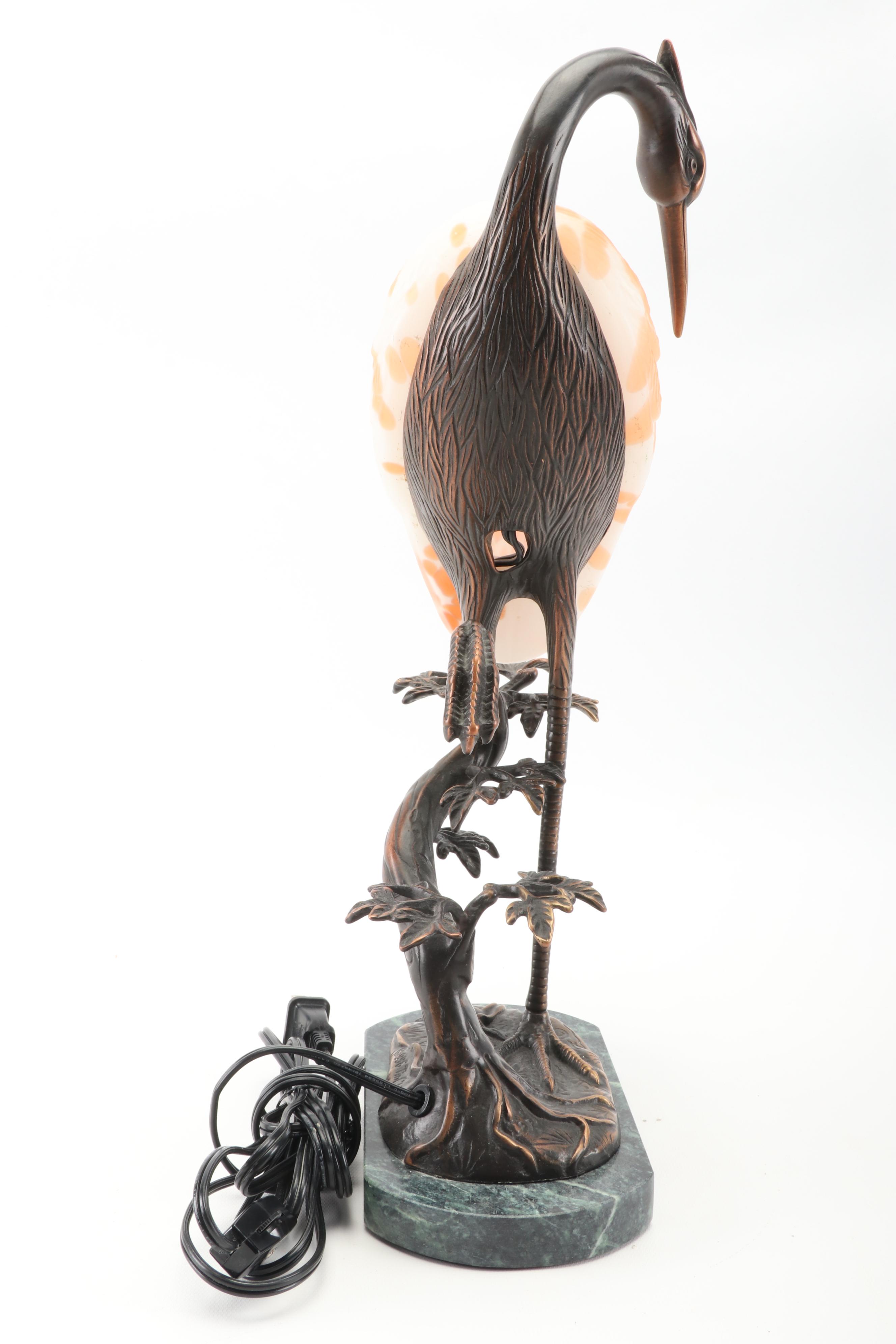 Andrea by Sadek Tin Chi 1996 Cast Brass and Art Glass Heron Lamp