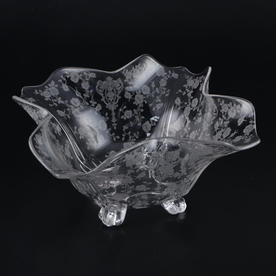 Floral Motif Etched Glass Centerpiece Bowl, Late 20th Century
