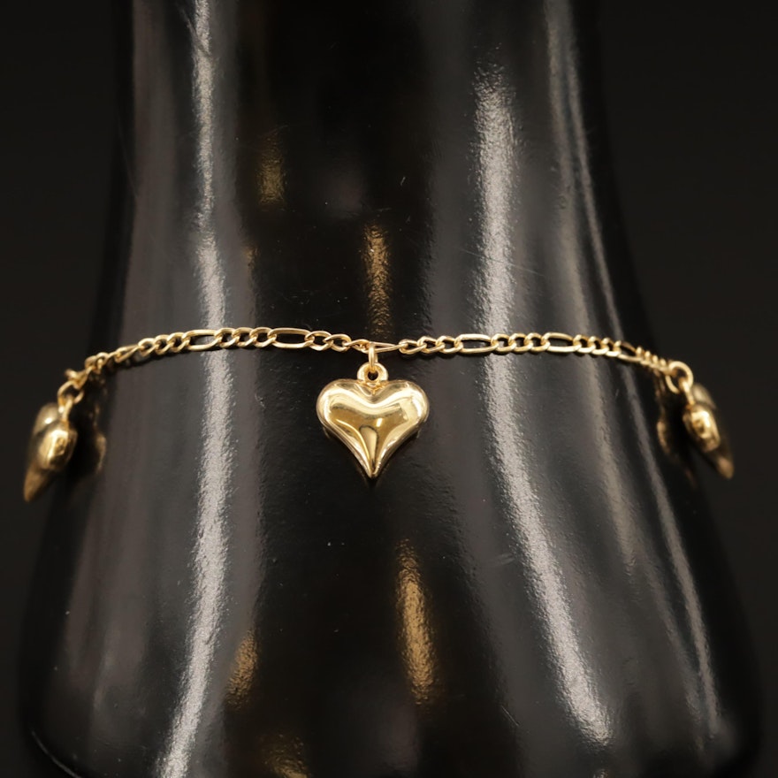 14K Figaro Link Bracelet with Heart Charms