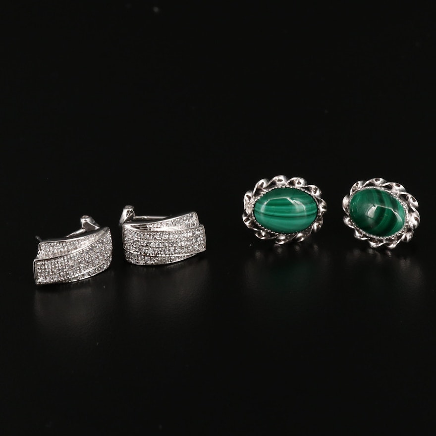 Sterlign Silver Oval Malachite and Rectangular Cubic Zirconia  Earrings