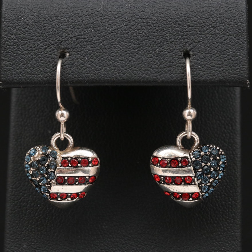 Sterling Silver Heart Shaped American Flag Earrings with Glass Accents