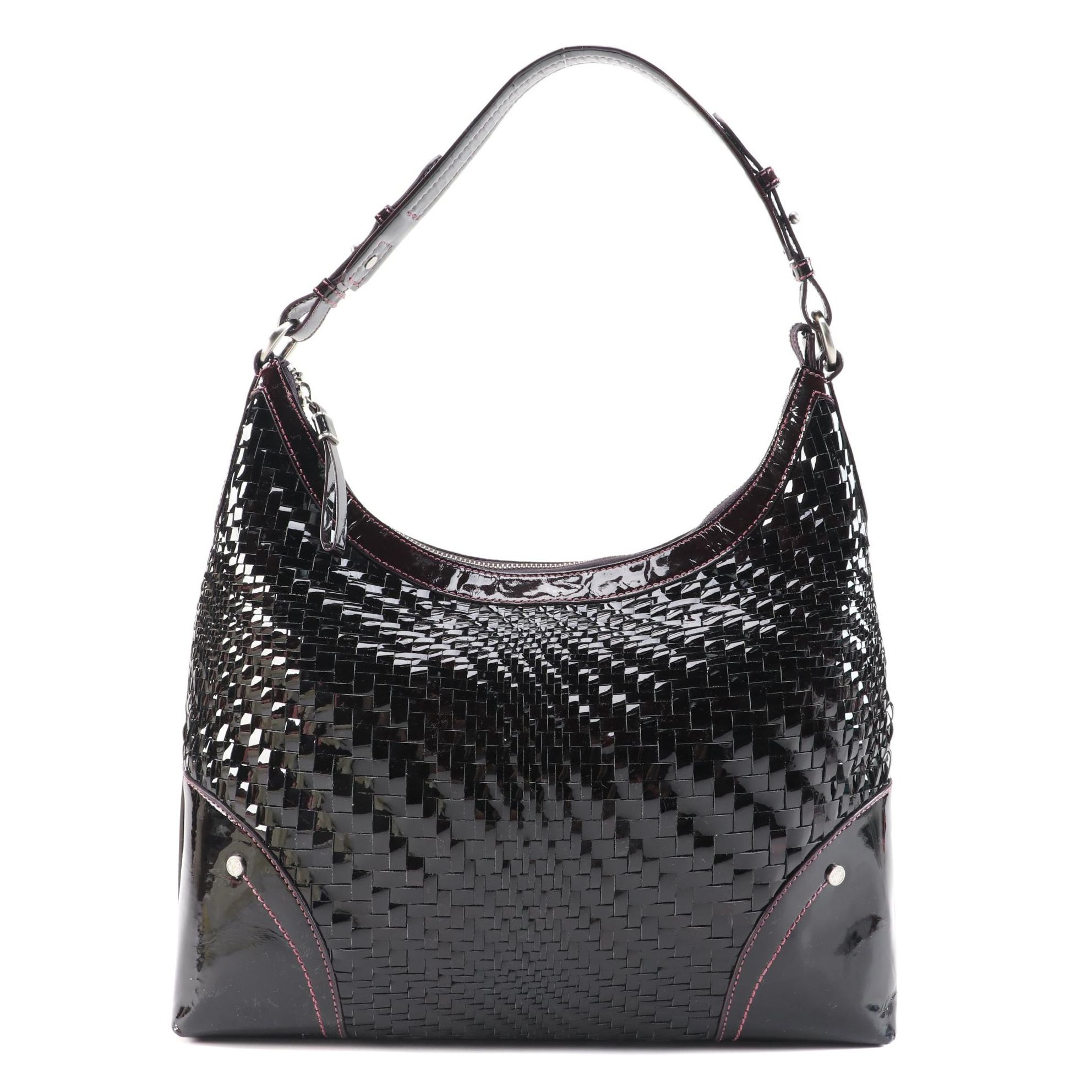 Cole Haan Genevieve Hobo Bag in Burgundy-Black Optic Weave Patent Leather