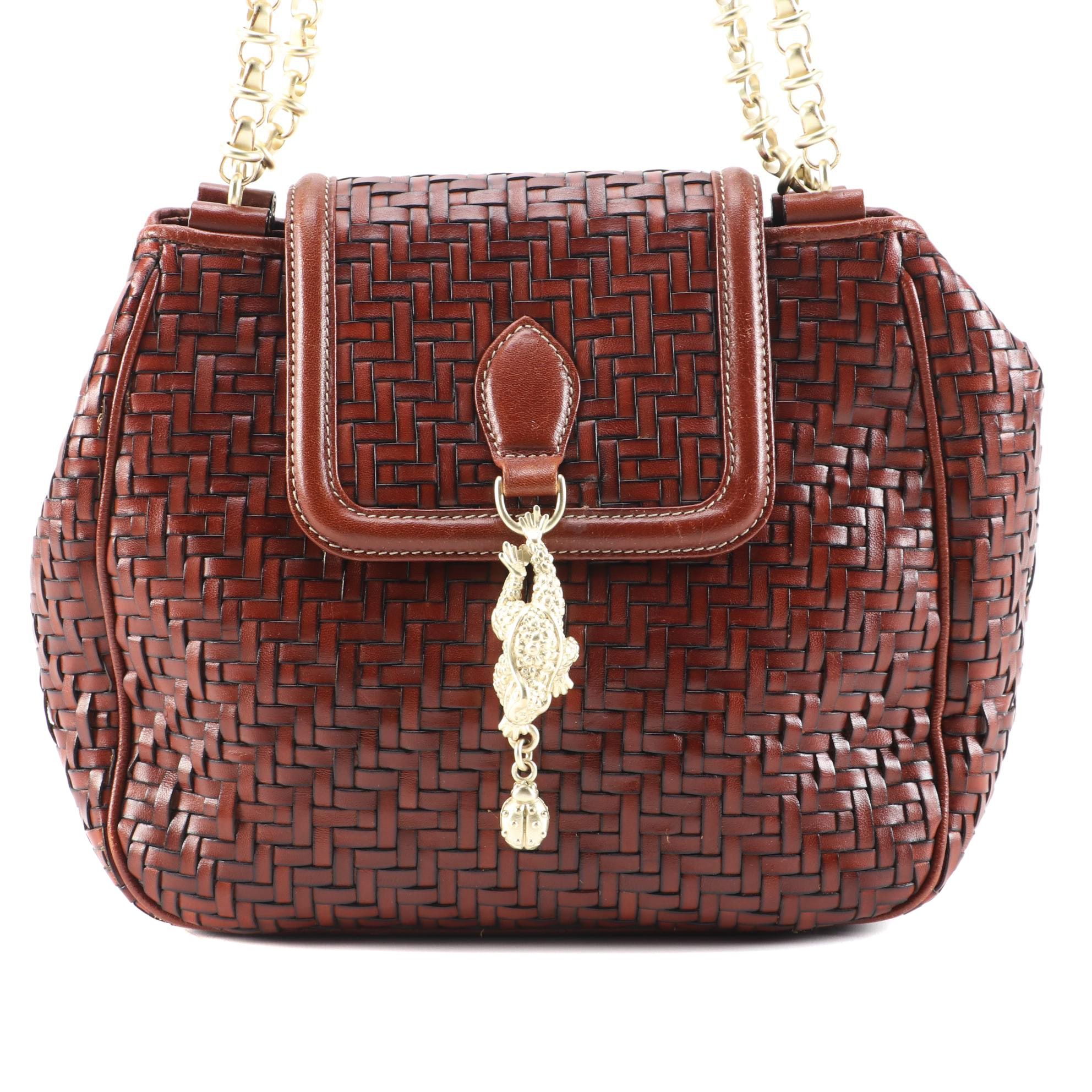 Barry Kieselstein-Cord Woven Leather Shoulder Bag with Frog and Lady Bug Clasp