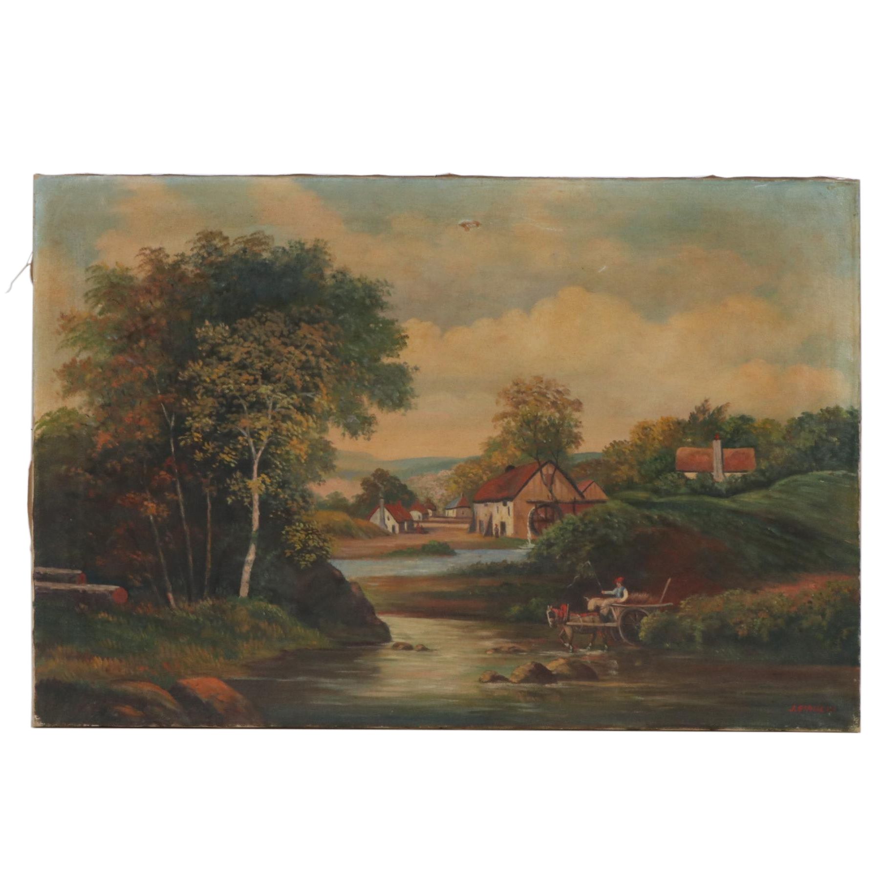 John Bianchi Oil Painting "English Village", Early 20th Century
