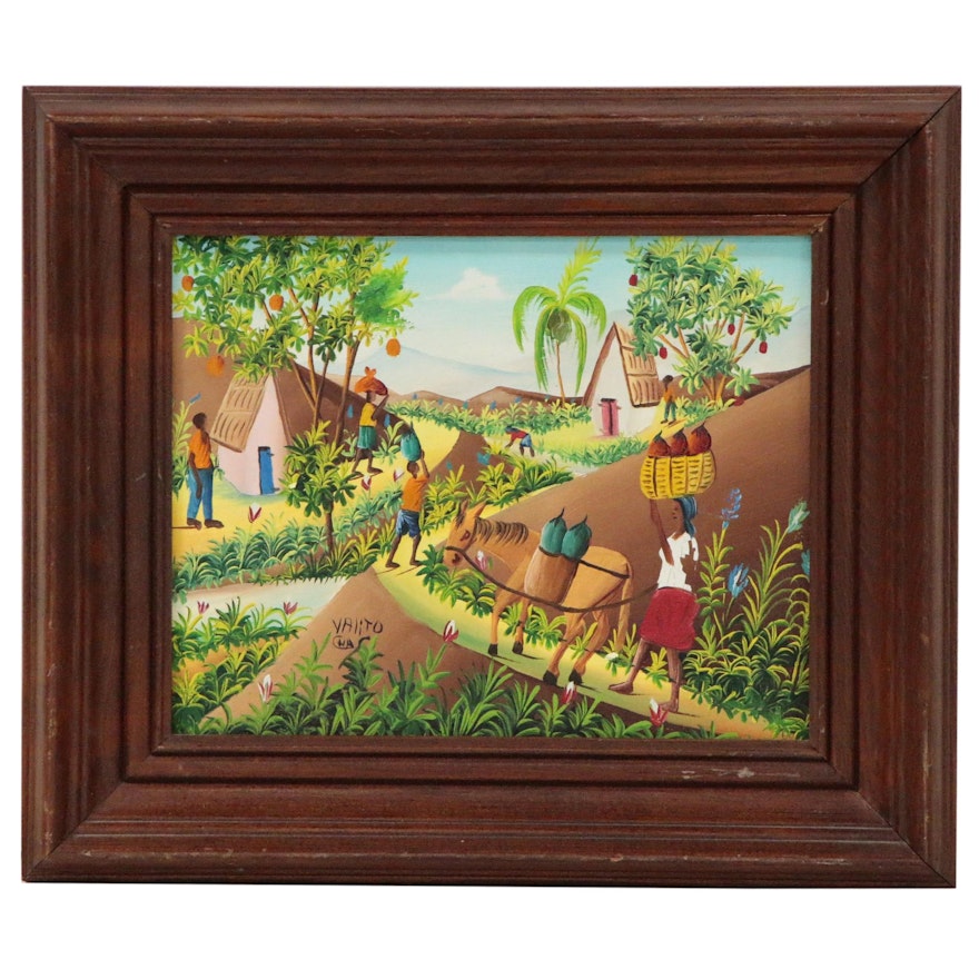 Charles Valito Haitian Folk Oil Painting of Figures in Tropical Village