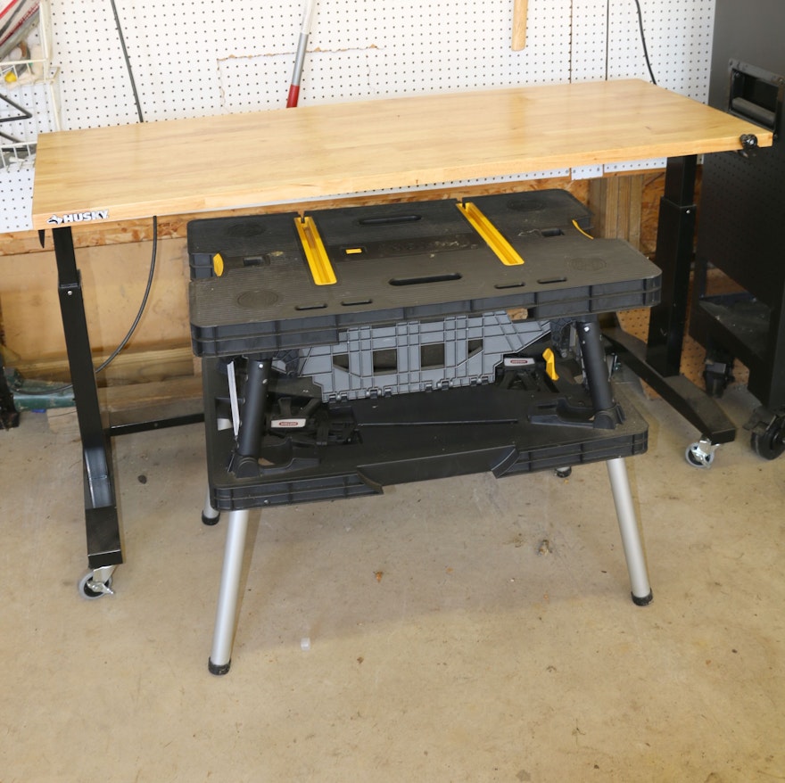 Husky Adjustable Workbench and Keter Folding Work Table