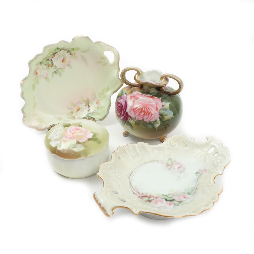 German and Austrian Porcelain Trinket Box, Dishes, and Vase