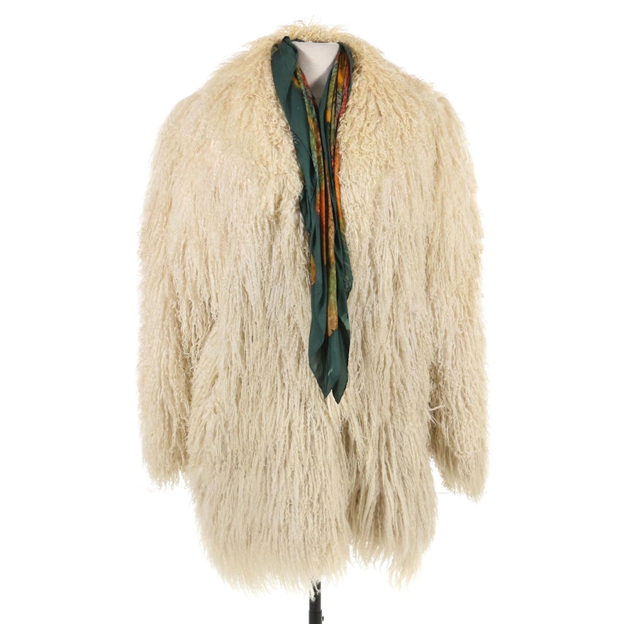 Tibetan Lamb Fur Coat with Silk Scarf, Vintage