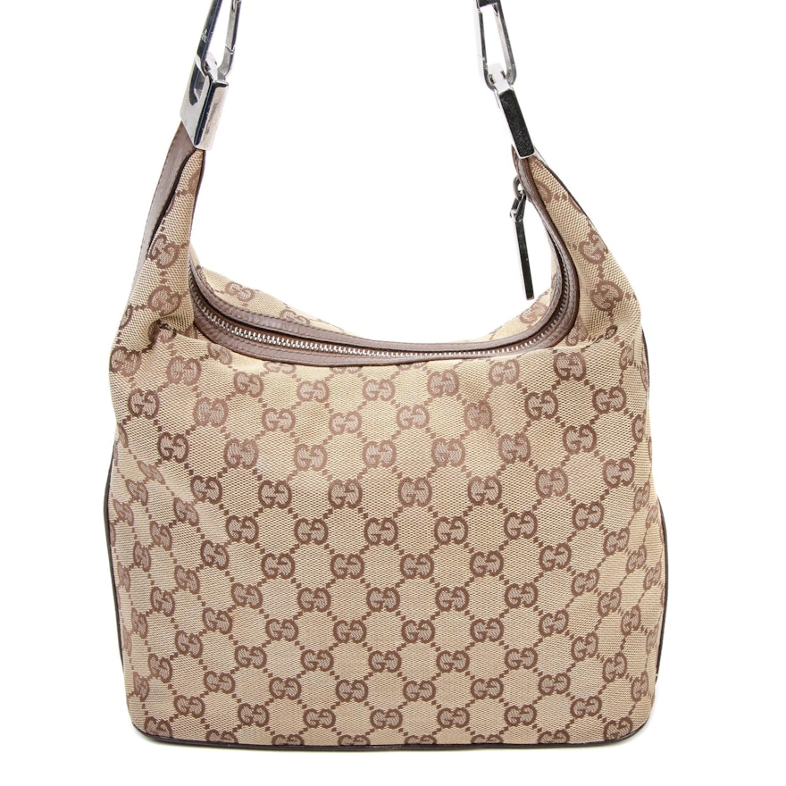 Gucci GG Canvas and Brown Leather Shoulder Bag