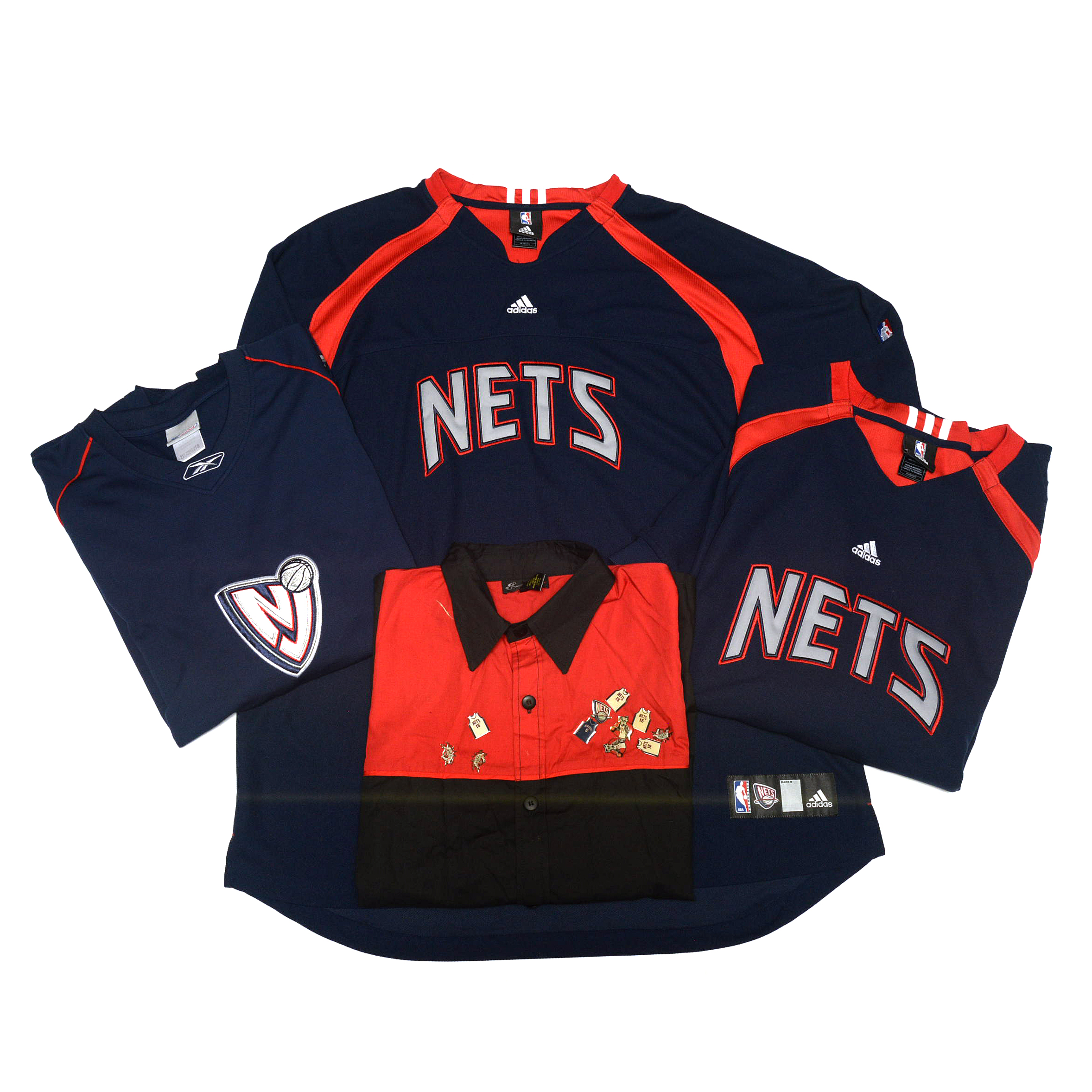 Nets Adidas and Reebok NBA Basketball Team Apparel, Warm-Up, Shirt and Pins