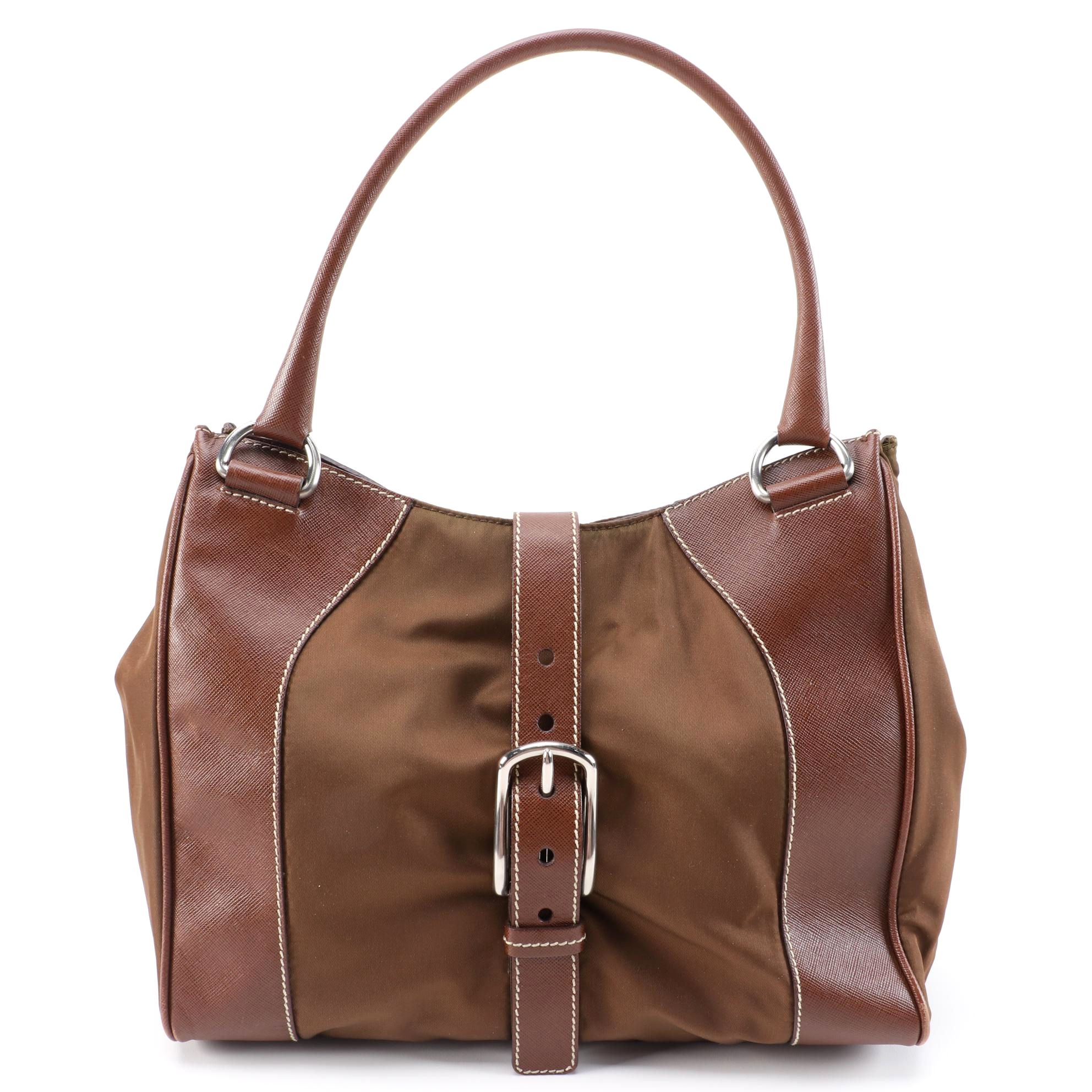 Prada Brown Nylon and Saffiano Leather Shoulder Bag with Contrast Stitching